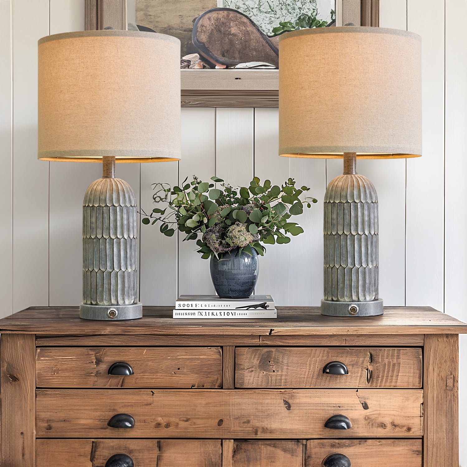 Oneach 3 Way Dimmable Farmhouse Table Lamp Set of 2 with USB Ports for Living Room Bedroom 22.5" Rustic Bedside Nightstands Lamp(Bulbs) - Image 4