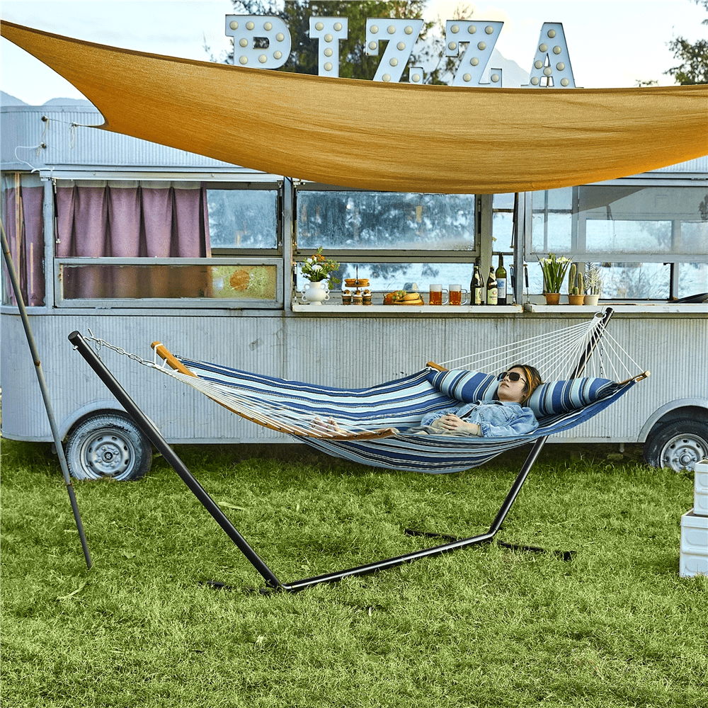 Renwick Padded Hammock & Steel Stand Set with Pillow for 2–3 People, Blue Stripe - Image 4