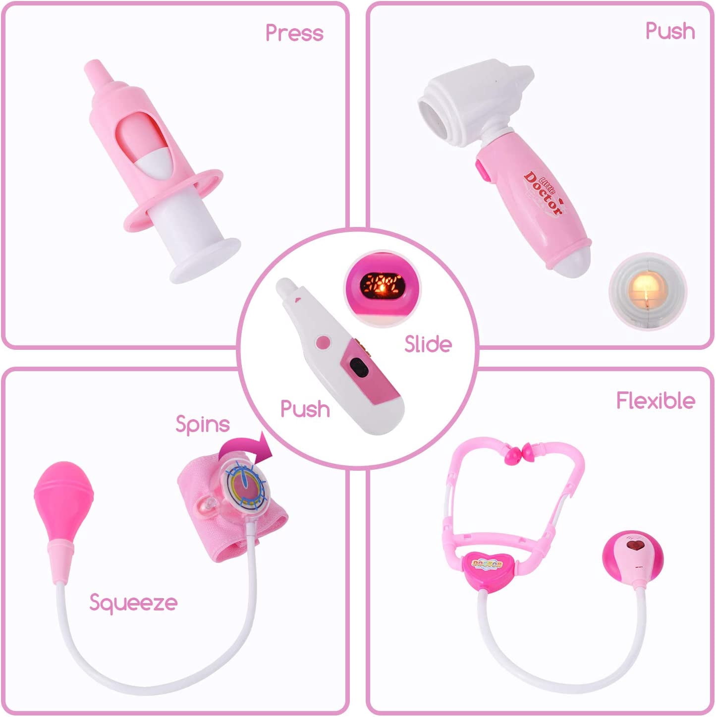 44 Pieces Educational Doctor Pretend Play Toy Set Dentist Medical Kit with Storage Box & Lights & Sounds for Doctor Roleplay-Pink - Image 7