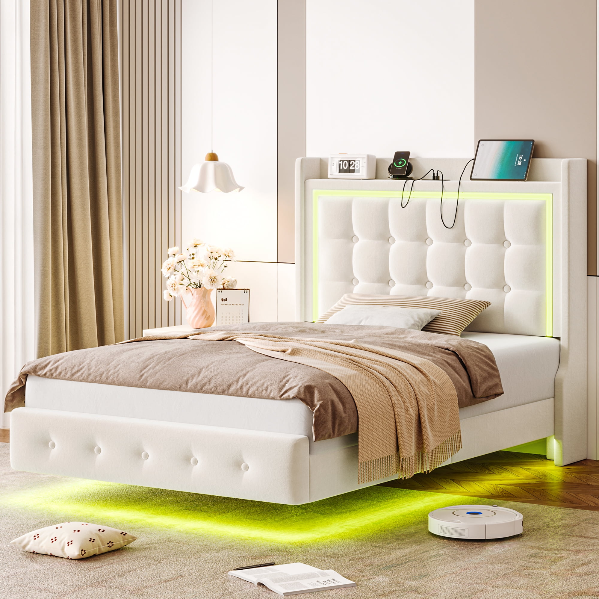 Homfa Twin Size Floating Bed Frame with RGB LED Lights Charging Station, Modern Velvet Upholstered Platform Bed Frame with Storage Headboard, Off-White - Image 3