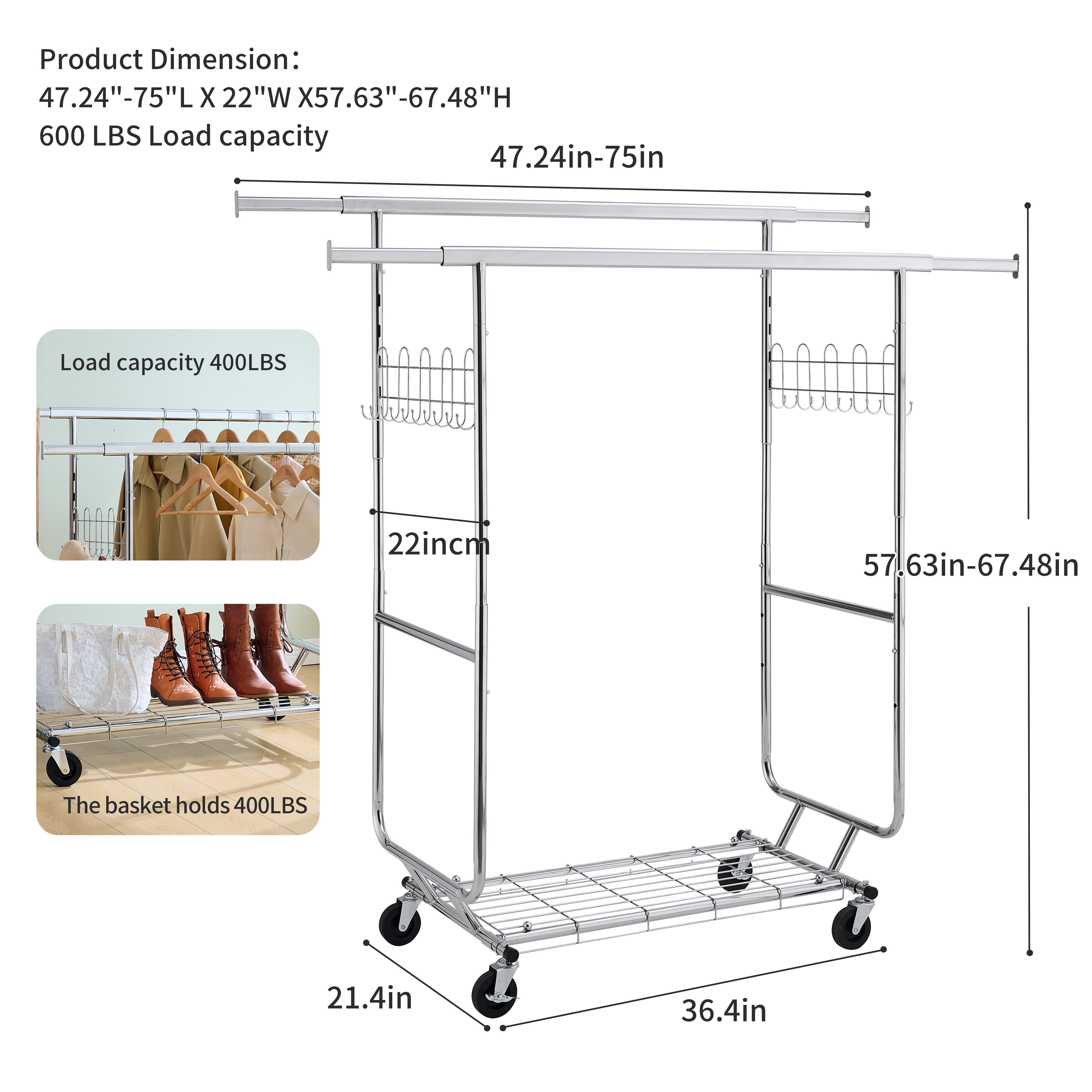 Yoneston 800lbs Heavy Duty Garment Rack with Wheels, Adjustable Metal Double Rail Rolling Clothing Rack with Storage Shelf Portable Clothing Rack for Home Office Shop,Sliver - Image 3