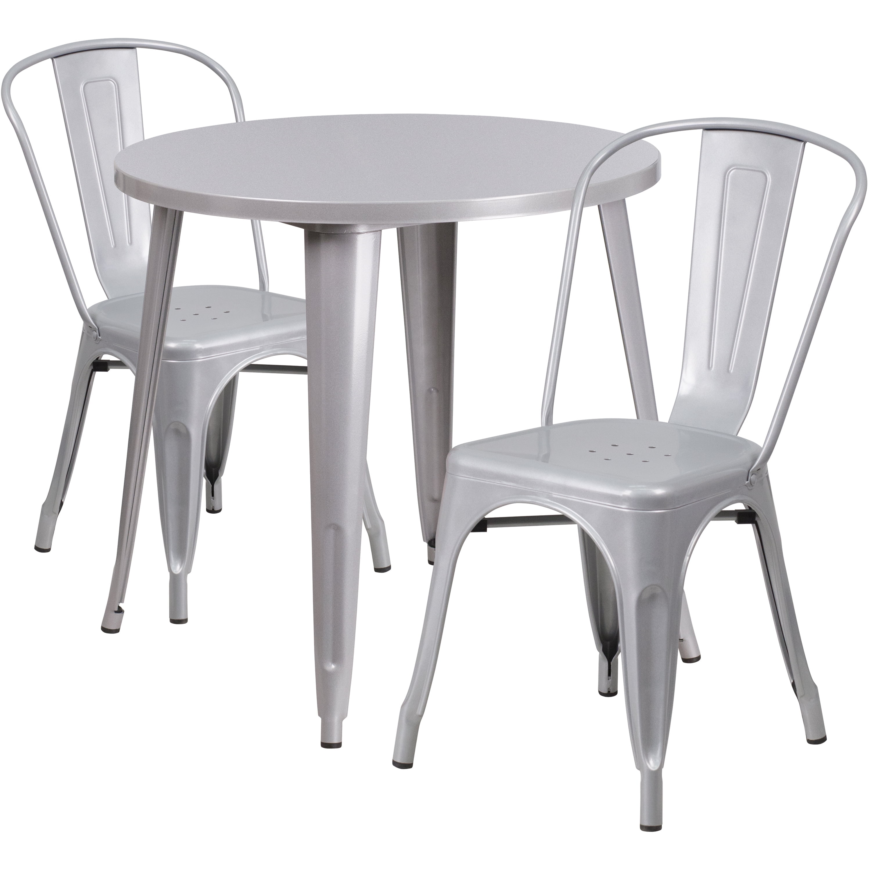 Flash Furniture Commercial Grade 30" Round Silver Metal Indoor-Outdoor Table Set with 2 Cafe Chairs - Image 4