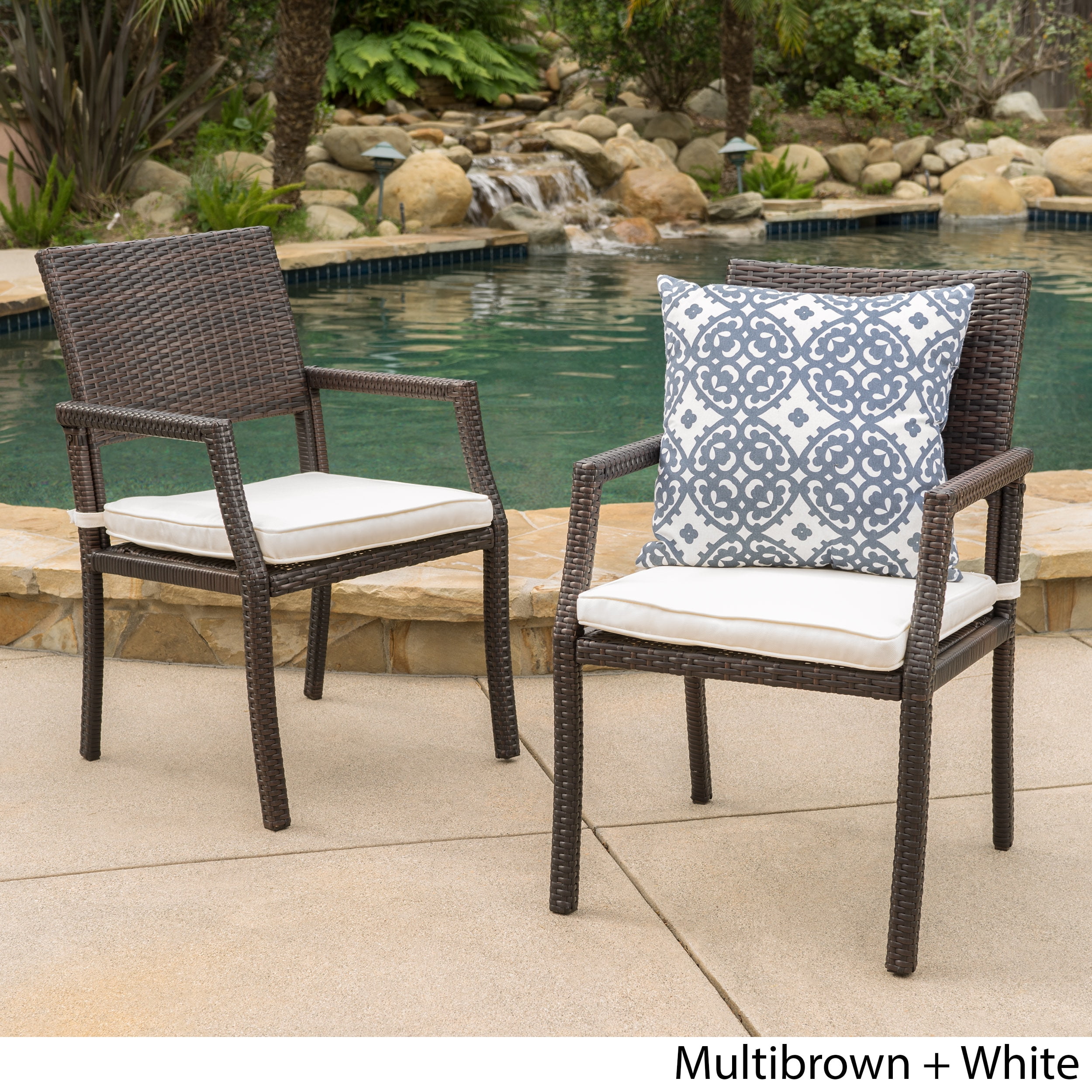 Outdoor Brown Wicker Dining Chairs with White Water Resistant Cushions (Set of 2) - Image 2
