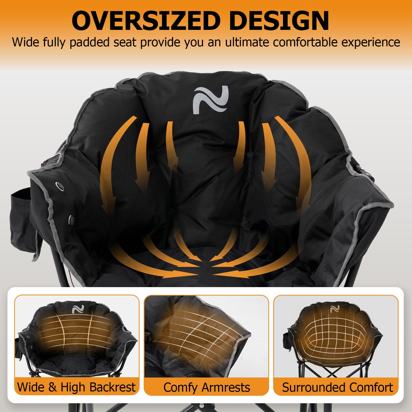 Slsy Oversized Heated Camping Chair, XL Padded Patio Lounge Chairs with 3 Heat Levels, Portable Folding Heated Chair Round Moon Saucer Folding Lawn Chair Outdoor Chair for Camping, Lounge Patio - Image 7