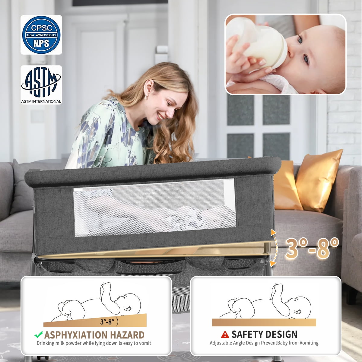 HDJ 4 in 1 Baby Bassinet, Portable Infant Bedside Crib with Lockable Wheel for 0-6 Months Baby, Dark Gray - Image 3