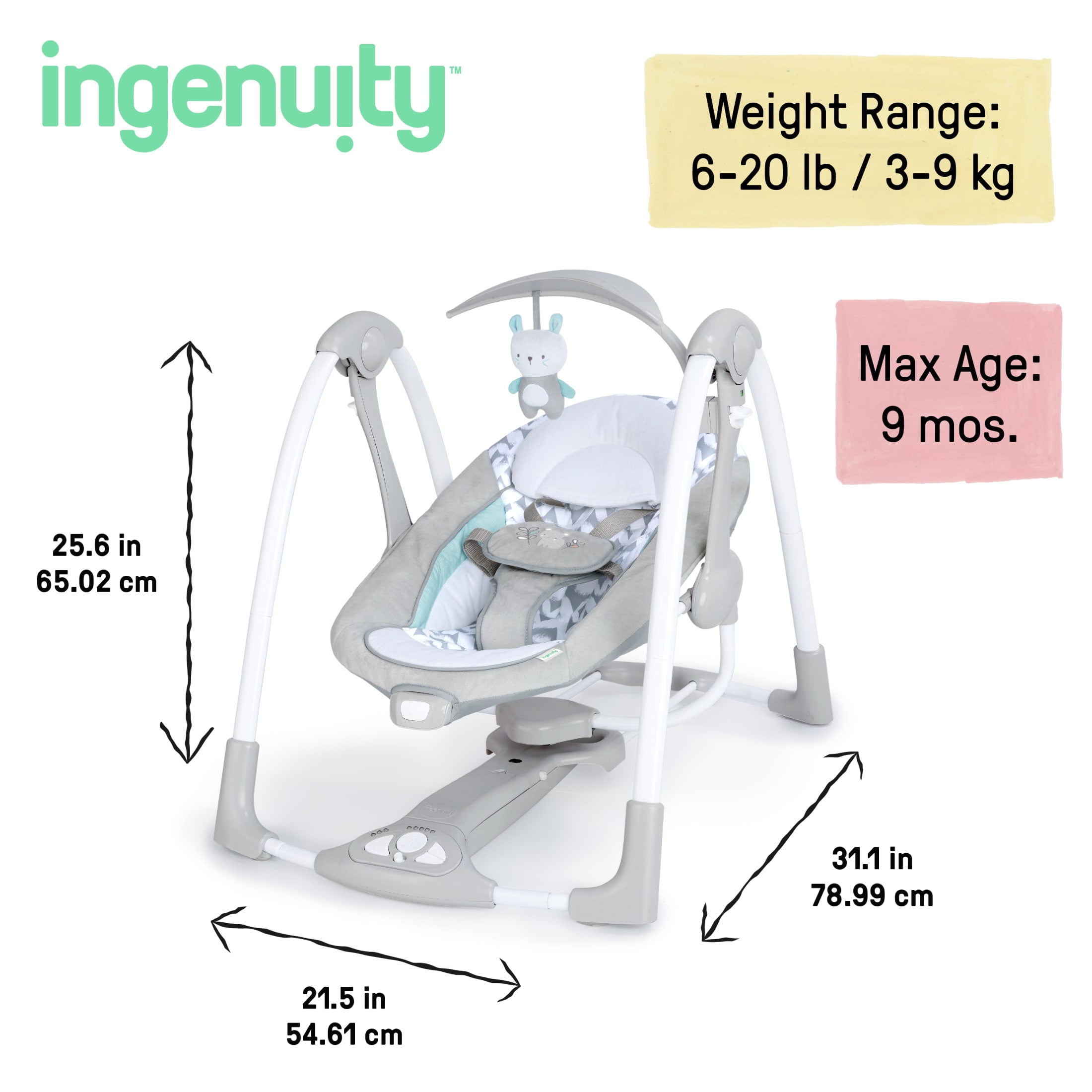 Ingenuity 2-in-1 Portable Baby Swing & Infant Seat with Vibrations, Ages 0-9 Months, Unisex, Raylan - Image 14