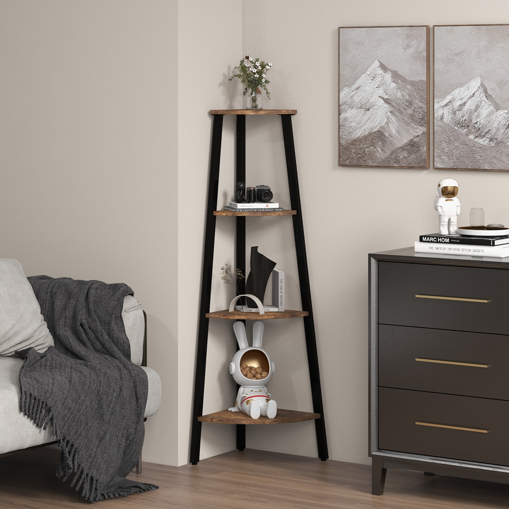 Costway 4-Tier Corner Shelf Metal Storage Rack Domestic Bookcase Display Stand WoodBlack - Image 2