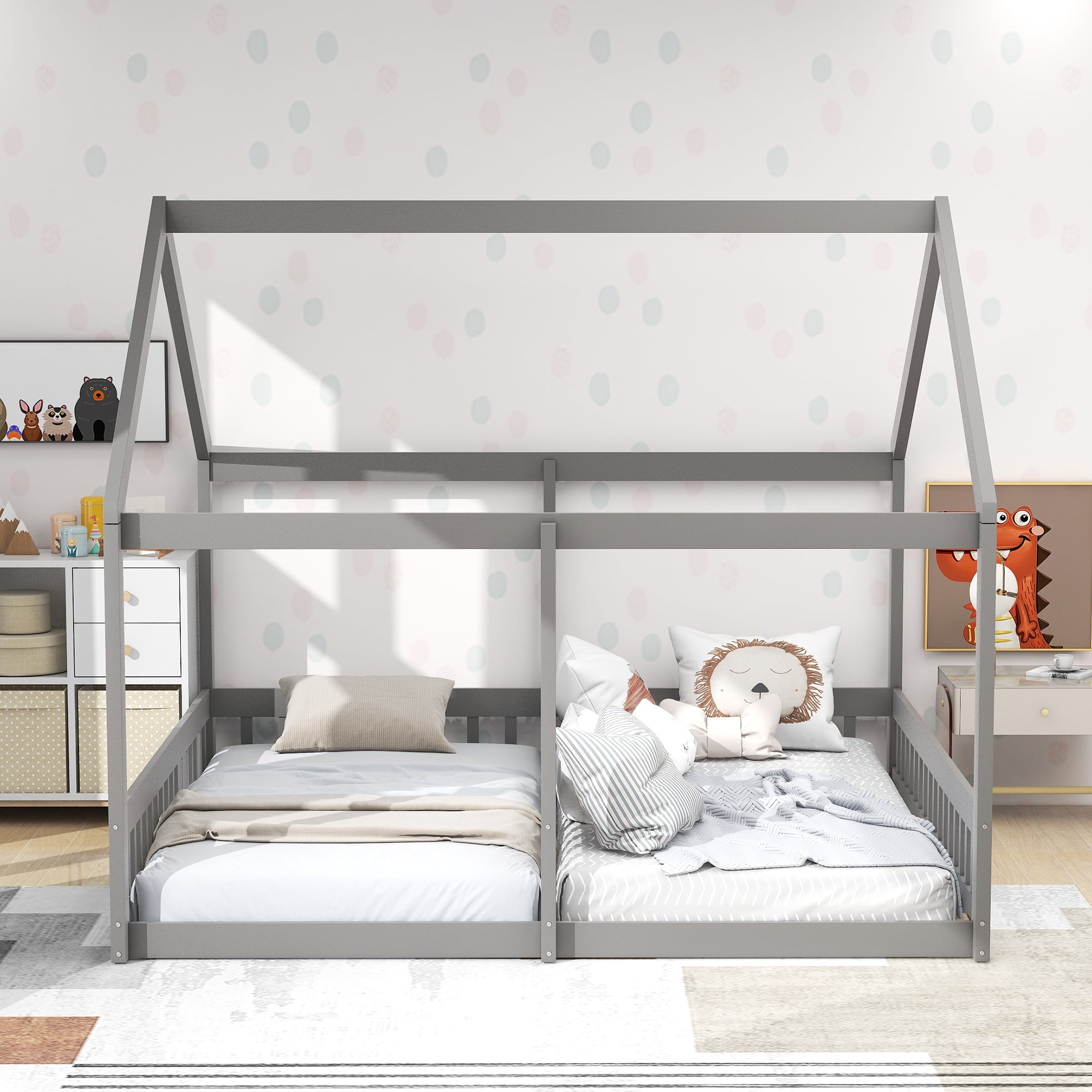 Euroco Modern Wood Two Beds in One Canopy Platform Bed, 2-in-1 Twin Size Bed for Kids Teens Bedroom, Gray - Image 4