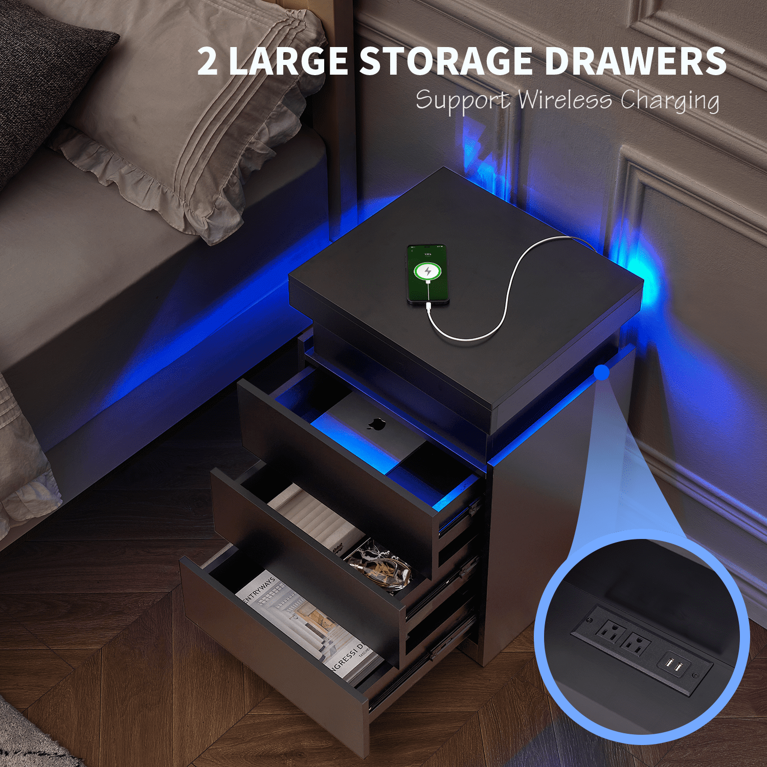 MONVANE Modern LED Nightstand with 3 Drawers , Black Nightstand Bedside Table Storage with Drawer Charging Station for Bedroom - Image 10