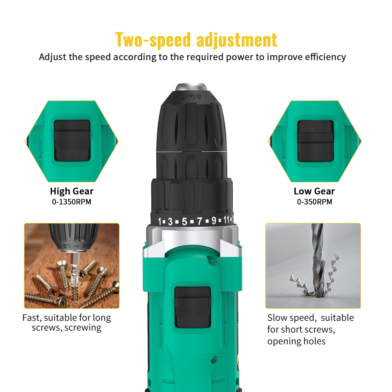 CONENTOOL 12V Cordless Drill Combi Driver Electric Screwdriver Set W/ 2 Battery,36pcs Electric Impact Wrench Gun Kit With Carry Case/Screwdriver Bit/ Socket Wrench / Drill Bit Set - Image 6