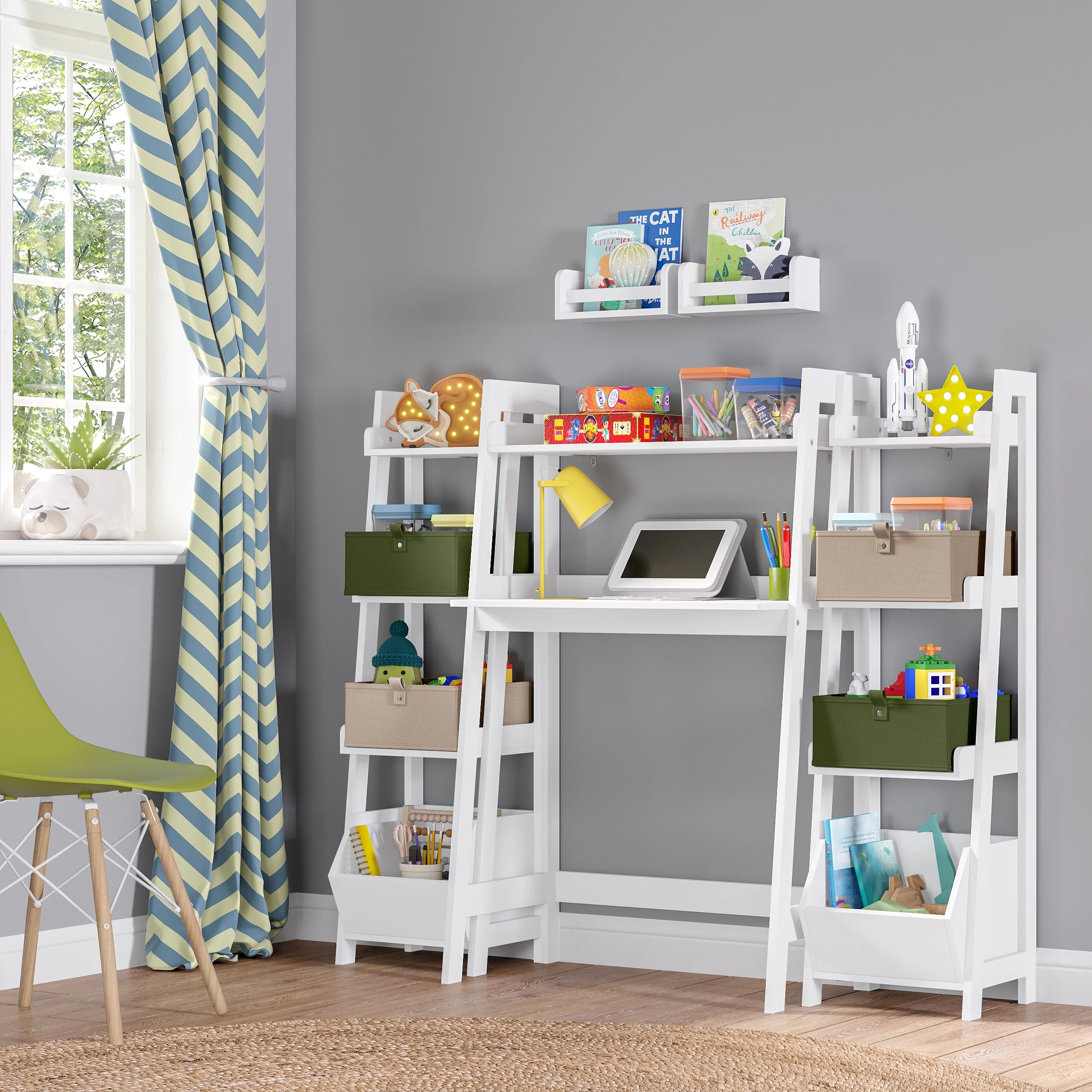 RiverRidge Kids Art Table Desk with Ladder Shelf and Open Storage Shelf for Playroom - White with 2 10" Floating Bookshelves - Image 11