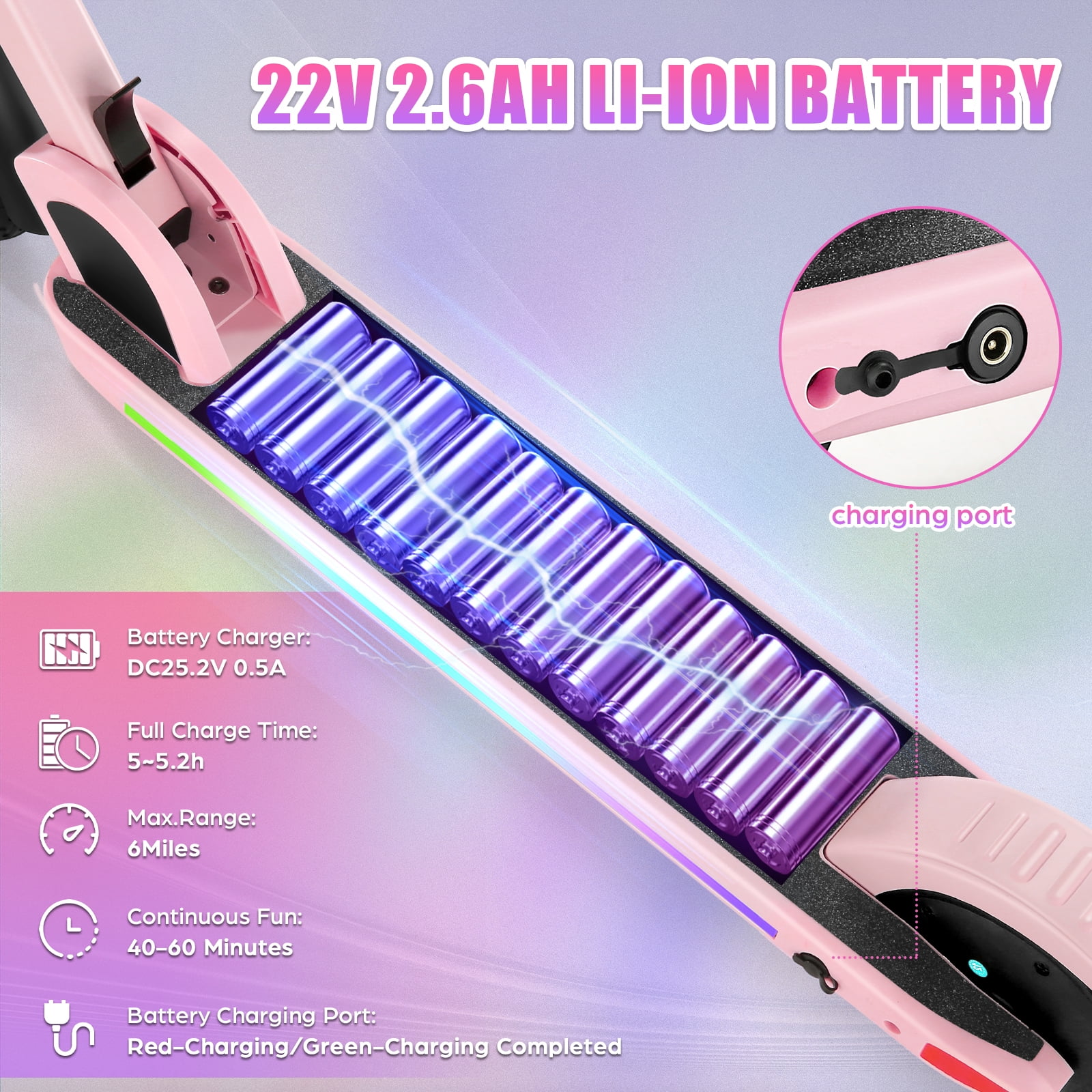 SANOPY Electric Scooter for Kids Ages 6-14, Adjustable Speed & Height, Colorful Lights, LED Display, 150W Motor, up to 10 mph, 80 Mins Ride Time, Pink - Image 5