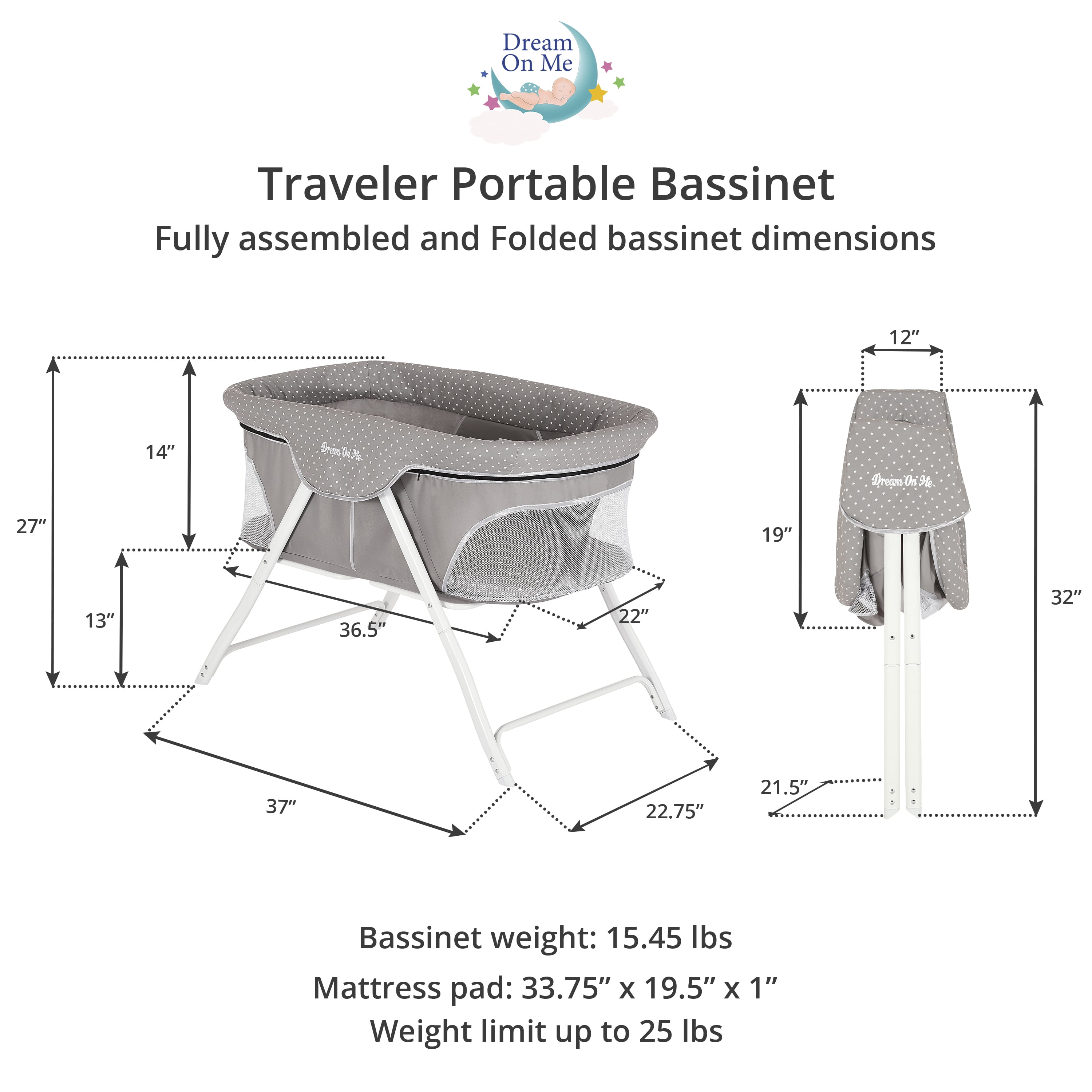 Dream On Me Traveler Portable Bassinet in Twinkle Grey, Lightweight and Breathable Mesh Design - Image 2