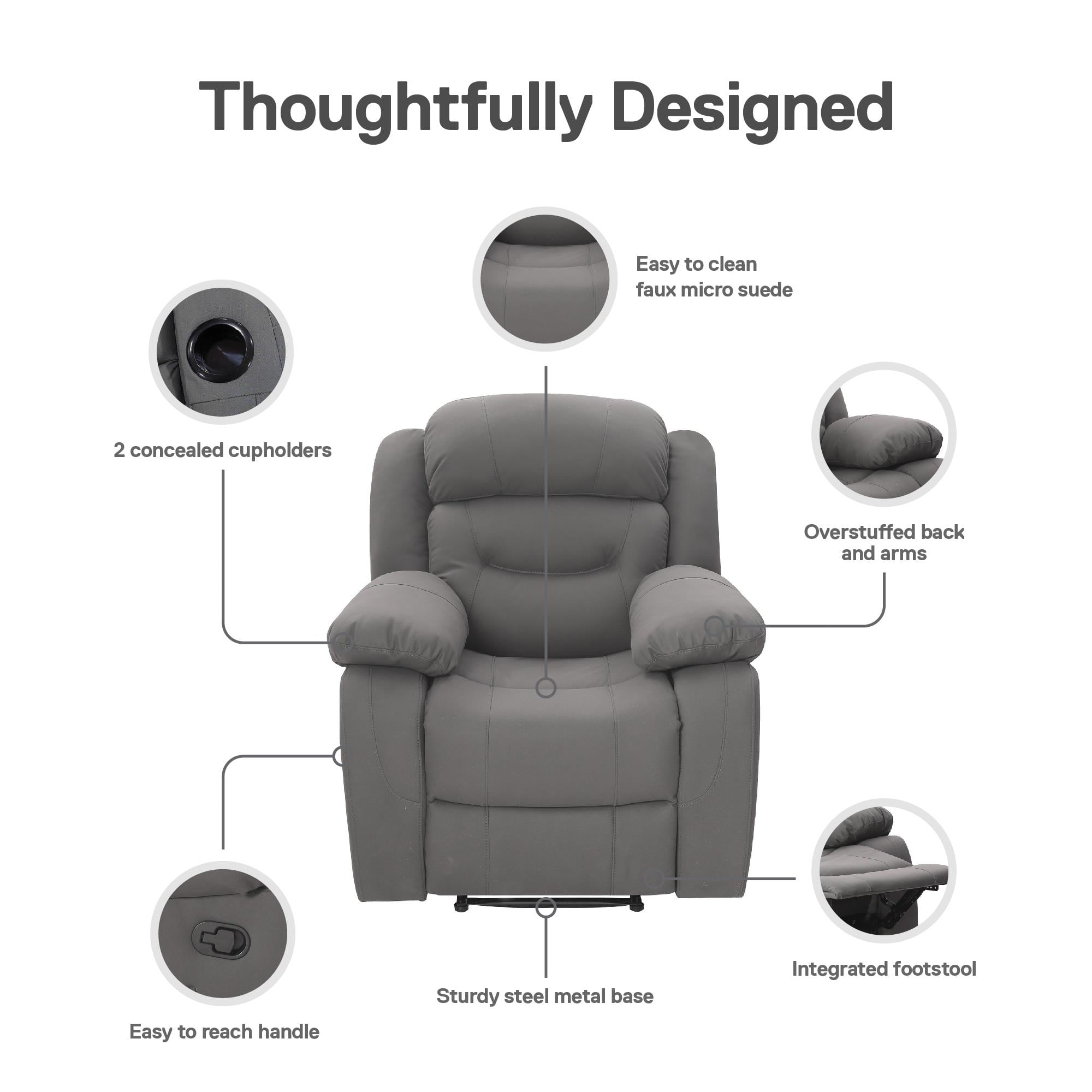 DHP Miller Recliner with Cupholder, Faux Microsuede, Gray - Image 11