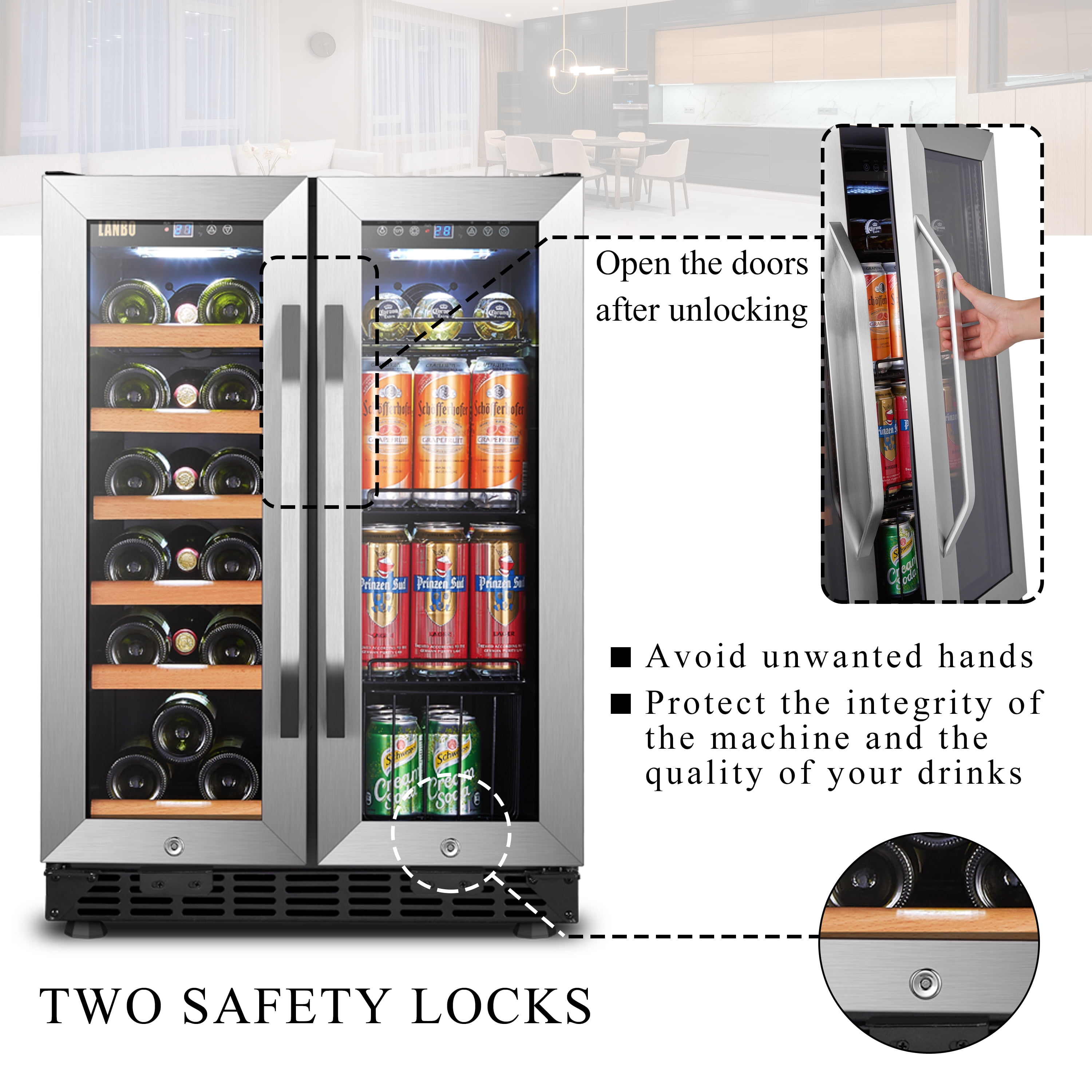 Lanbo 24 inch 18 Bottle 55 Cans Under Counter Dual Zone Wine Cooler Beverage Refrigerator - Image 7