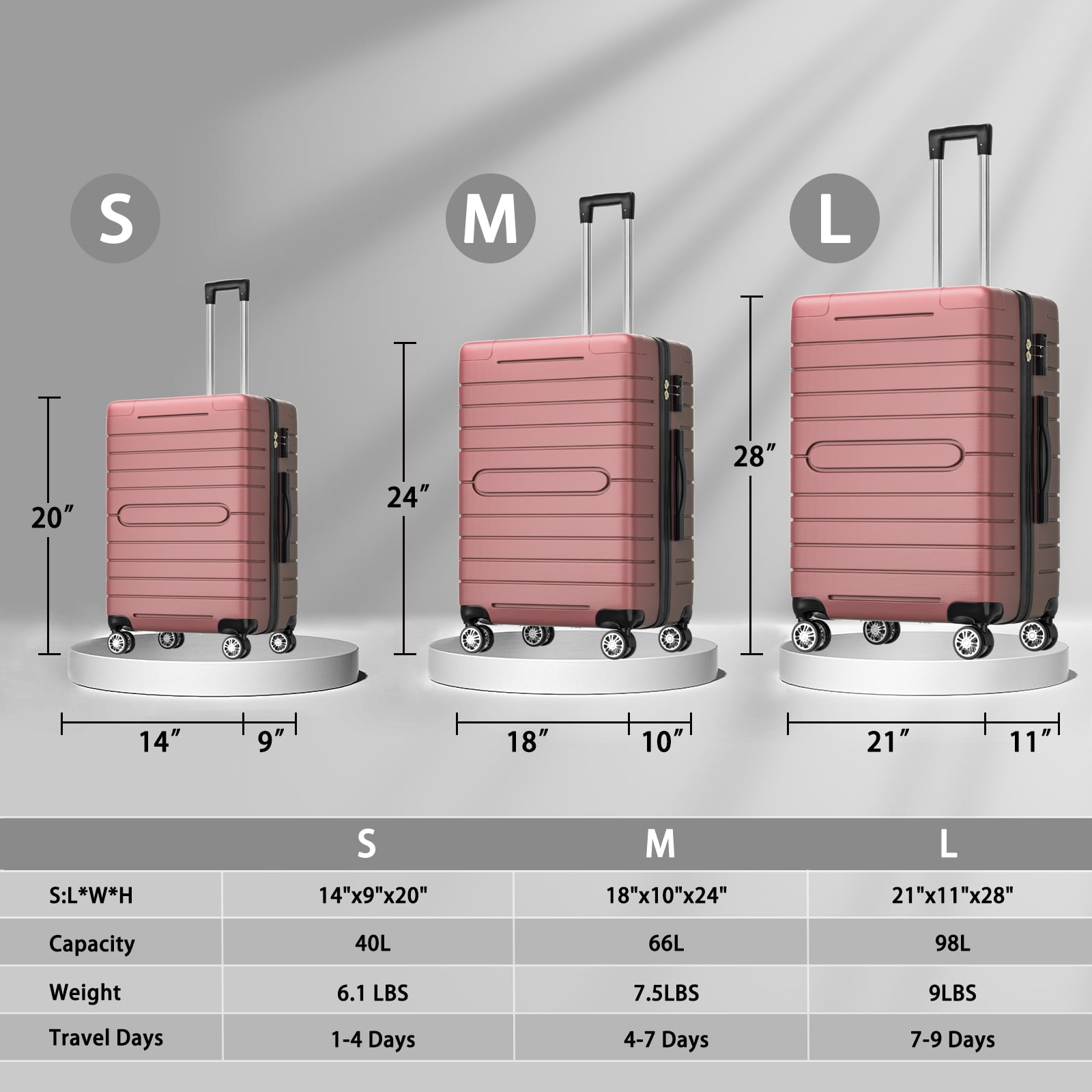 SUGIFT 3 Piece Luggage Set, Hardside Luggage Spinner Wheels Suitcase Carry on Luggage, TSA Lock, 20in24in28in, Rose Gold - Image 3