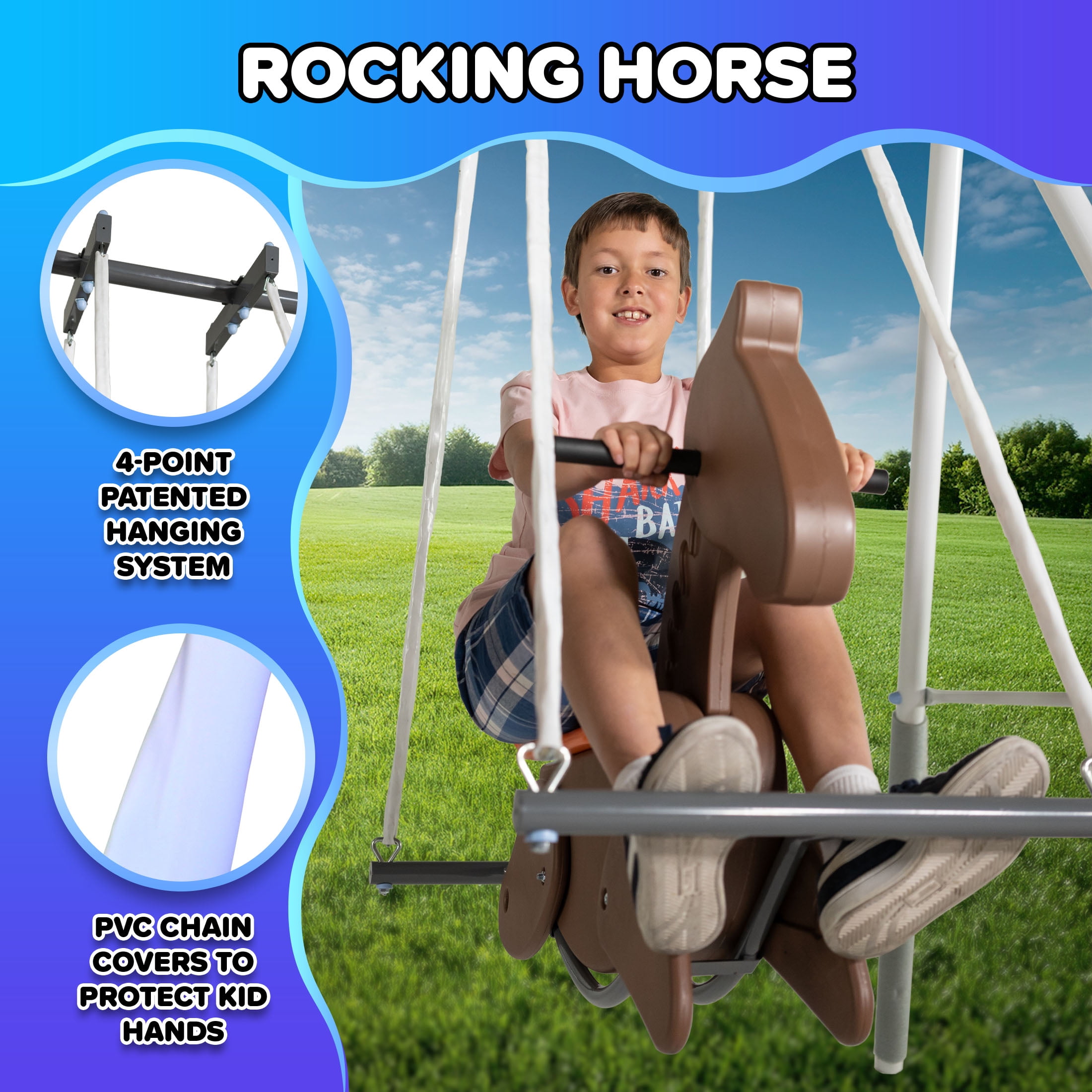 Sportspower Fairview Swing Set with 2 Swings, Rocking Horse, Mini Trampoline, Lifetime Warranty on Blow Molded Slide, and Bonus Anchor Kit - Image 8