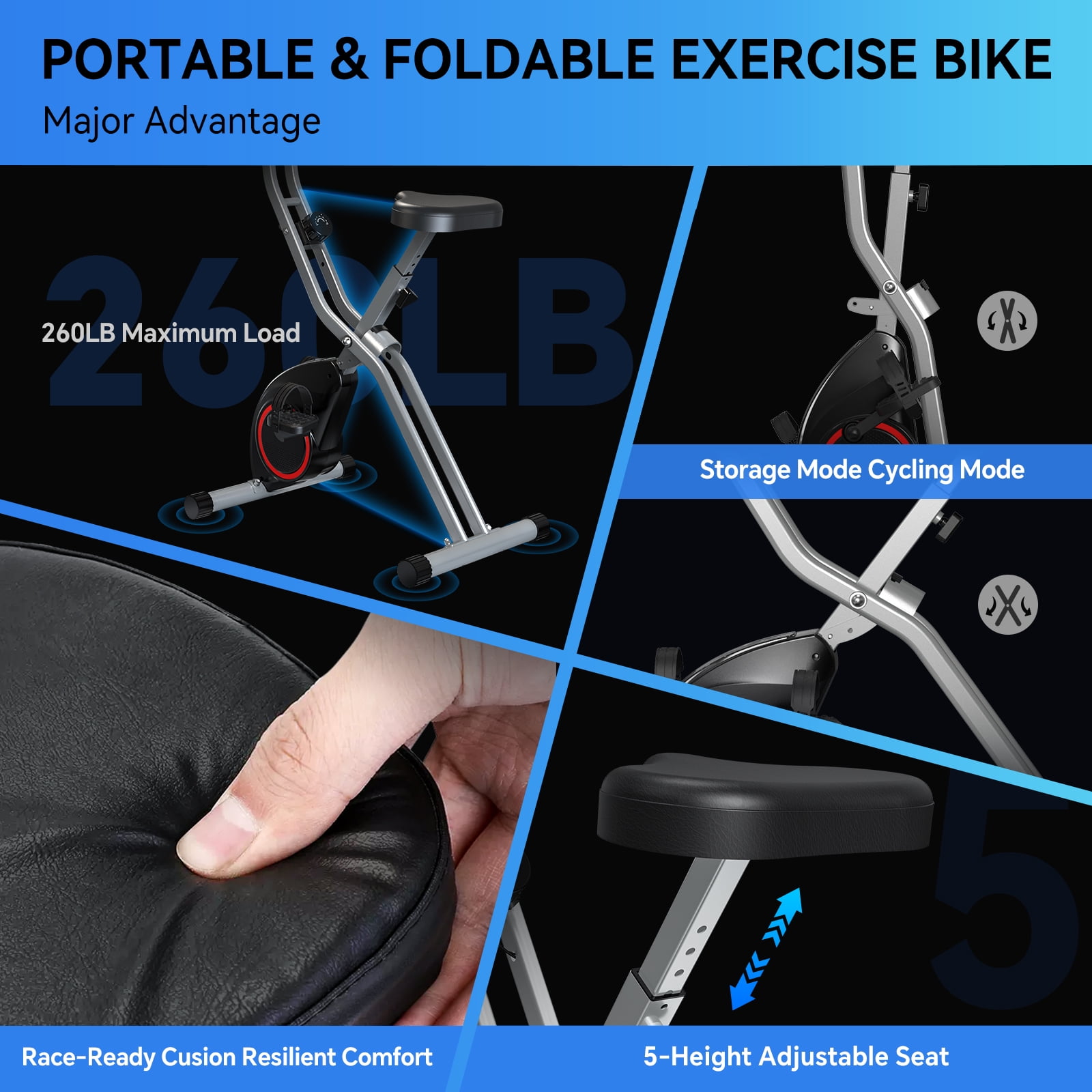 Foldable Exercise Bike for Small Apartments, Stationary Bikes for Home, Indoor Portable Cycling Bike with 16-Level Magnetic Resistance, 260LBS Capacity, 5.5 LBS Flywheel, Designed for Small Space Wor - Image 2