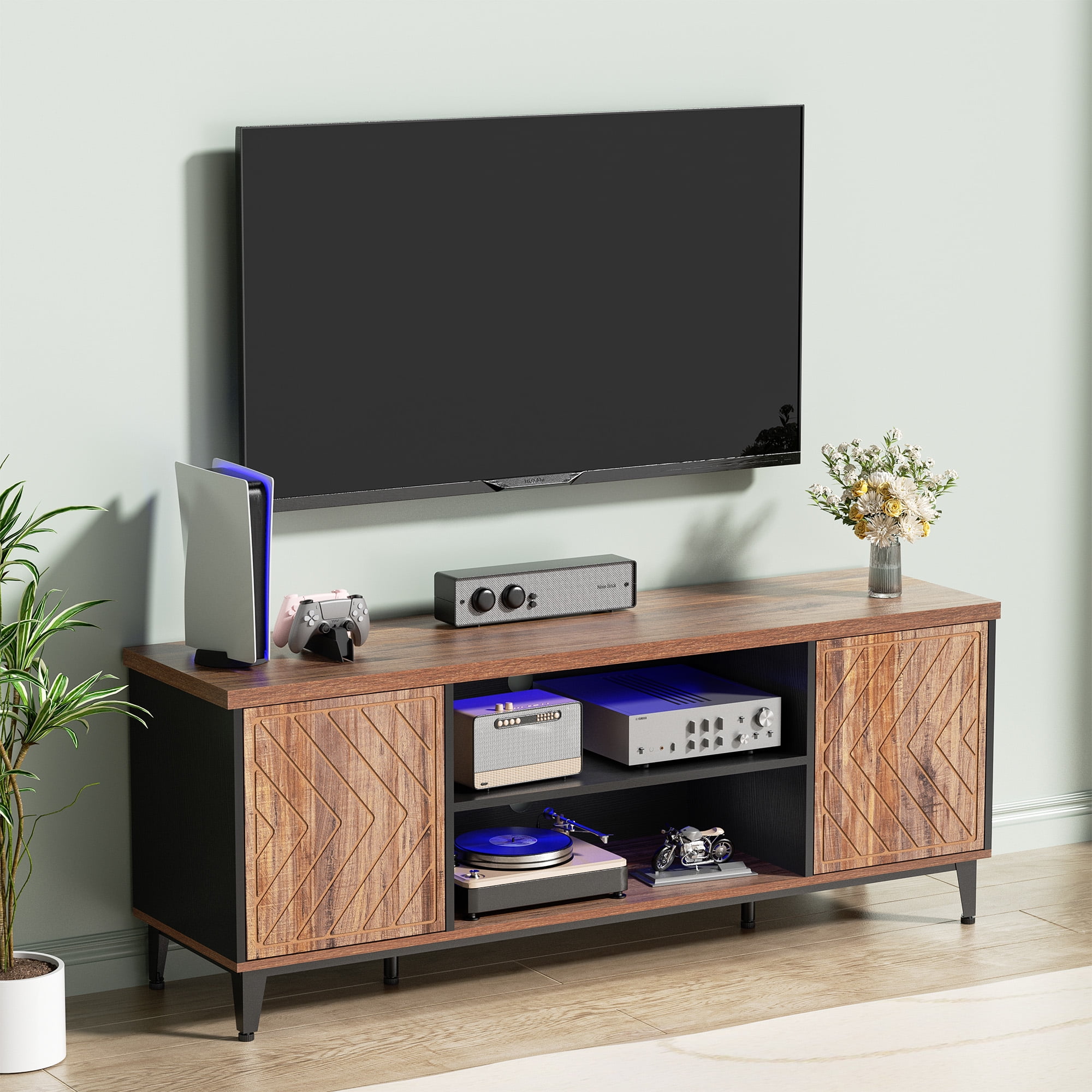 MARNUR 59" TV Stand for TVs up to 65", Entertainment Center Media Console Table with Storage, LED Light for Living Room, Mid-Century, Rustic Oak - Image 6