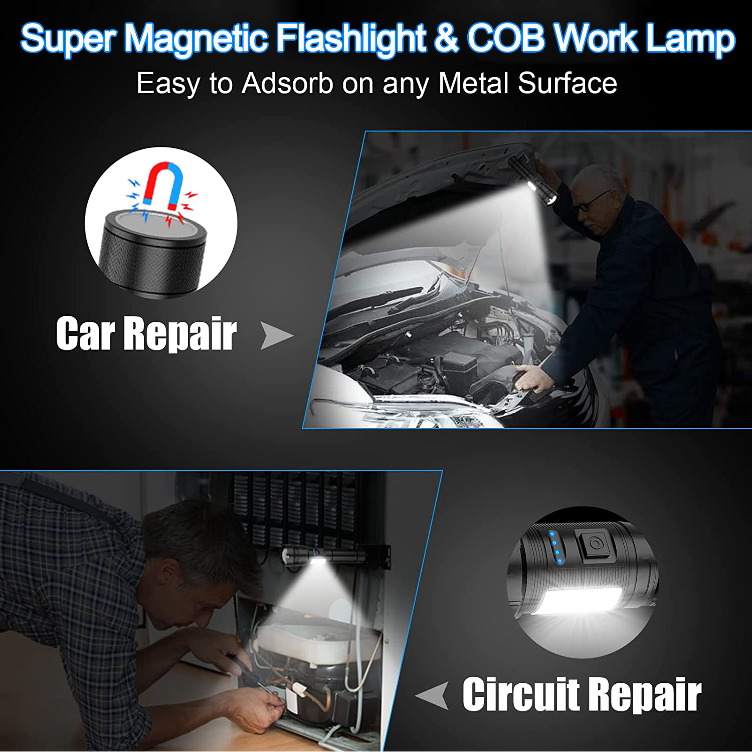 LED Magnetic Flashlight High Lumens 10000 Rechargeable, Super Bright Small Tactical Flashlights with COB Sidelight Work Light Zoomable Handheld Torch Lamp for Emergency, Camping - Image 5