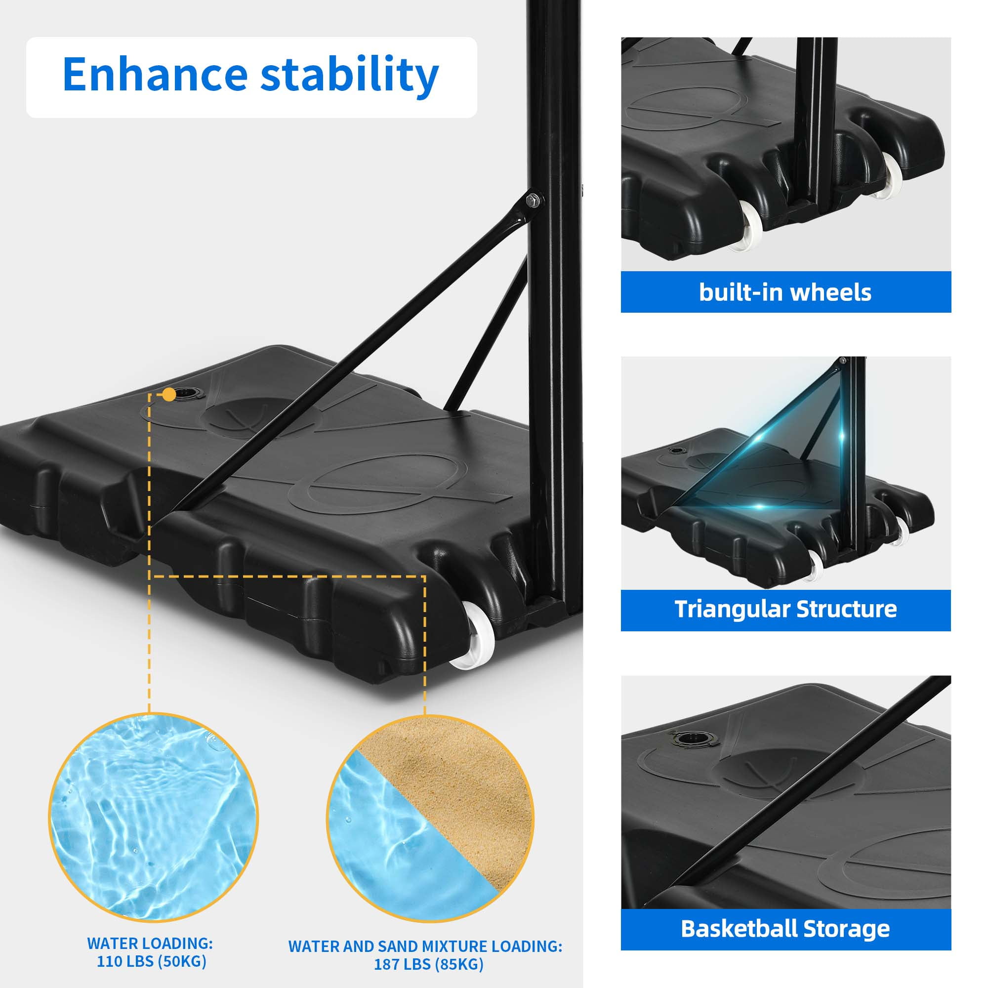 Dextrus 44" Adjustable Portable Basketball Hoop with Wheels and Collision-Proof Edge, 4.4-10ft, Blue - Image 3