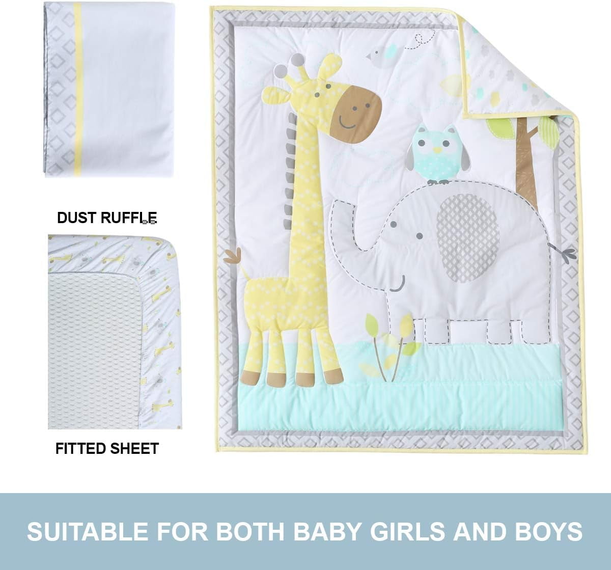 Sweet Baba Crib Bedding Set for boy Girl, 3-Piece Organic Cotton Baby Bedding Set, Portable Standard Crib Bedding Set Neutral, Woodland Deer Elephant Crib Bedding Set, Yellow/Grey/Teal - Image 6