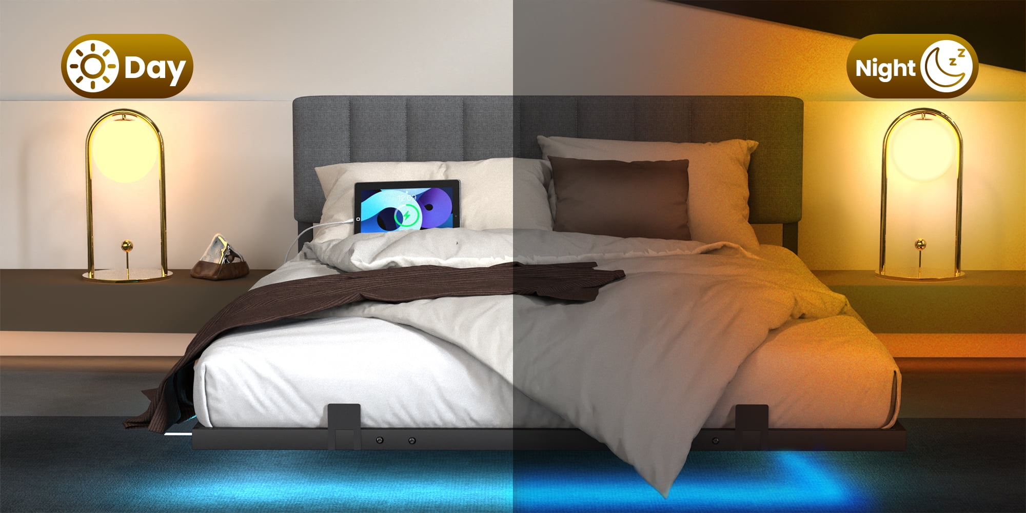 Behost Full Size Floating Bed Frame Upholstered with LED Lights and Built-in Charging Station, Metal Bed Frame, Gray - Image 8