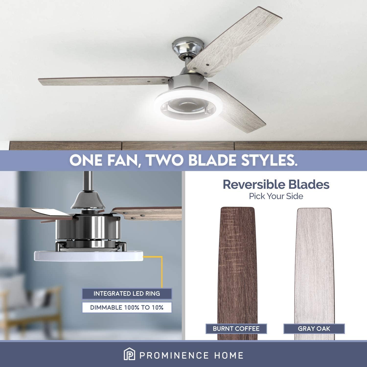 Prominence Home 52" Orbis Gun Metal Remote Control Ceiling Fan, 3 Blades, LED Ring - Image 5