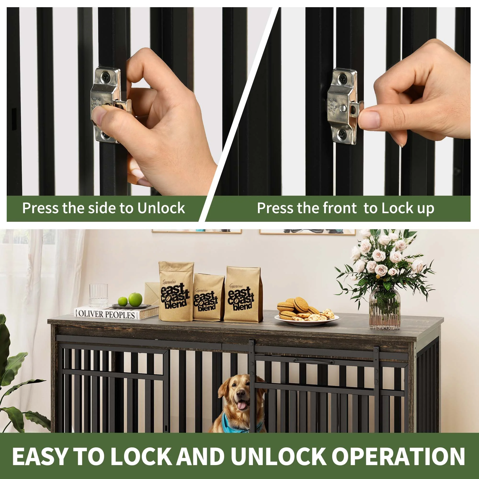 Uforic 55'' W Double Dog Crate Furniture With Sliding Barn Doors & Bowl,Indoor Furniture Style Wooden Large Dog Kennel - Image 3