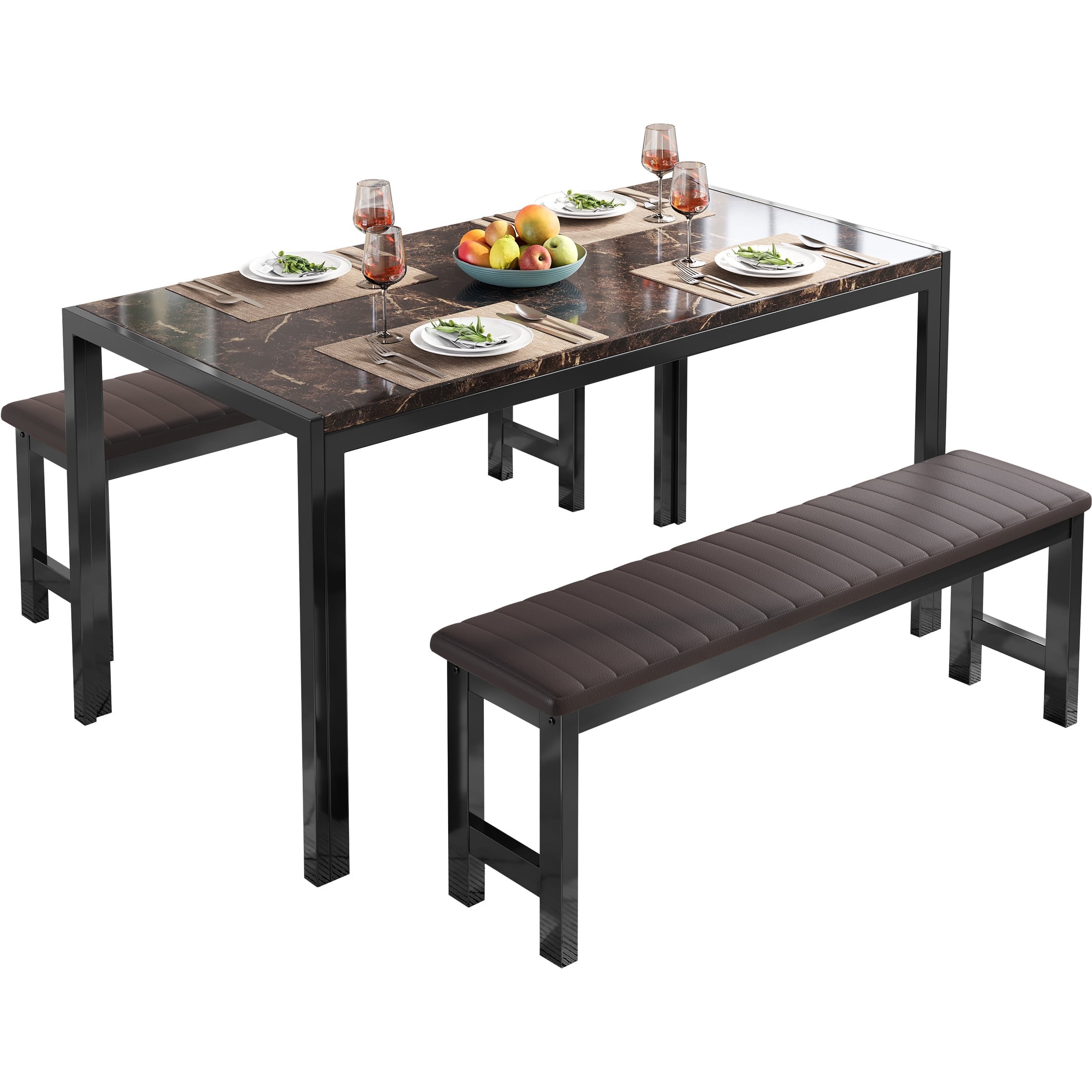 PORKISS Dining Table Set for 4, Faux Marble Kitchen Table Set with 2 PU Leather Benches, Breakfast Nook Set for Small Spaces, 3 Piece Dining Room Table Set, Brown+Black - Image 7
