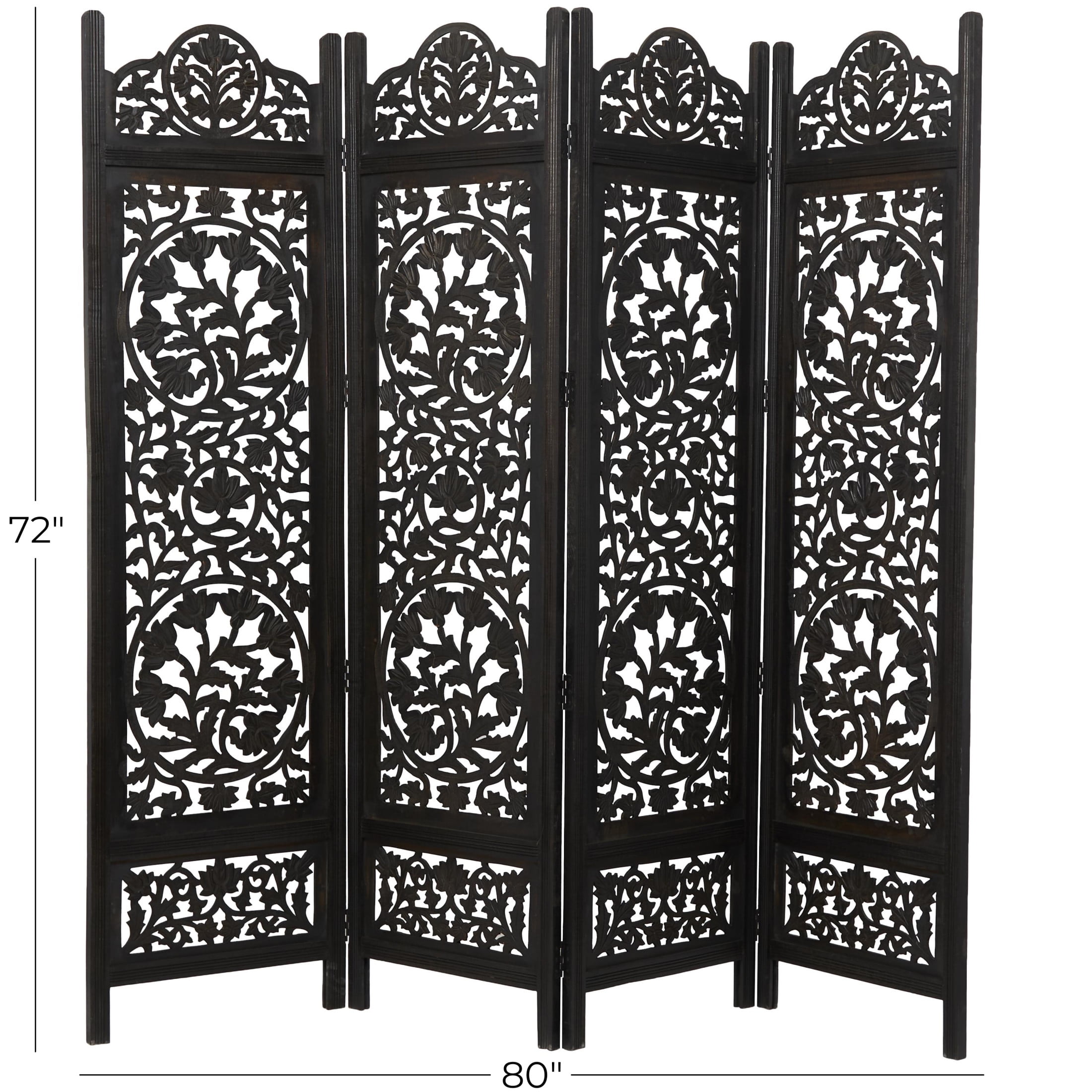 DecMode 80" x 72" Black Wood Floral Handmade Foldable Partition Carved 4 Panel Room Divider Screen, 1-Piece - Image 9