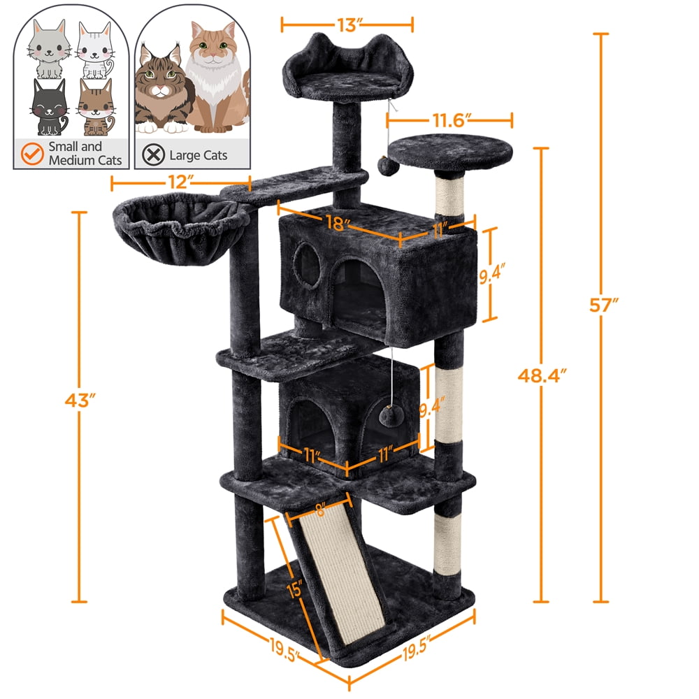 Alden Design 57"H Double Condo Cat Tree with Scratching Tower for Indoor Cats, Black - Image 2