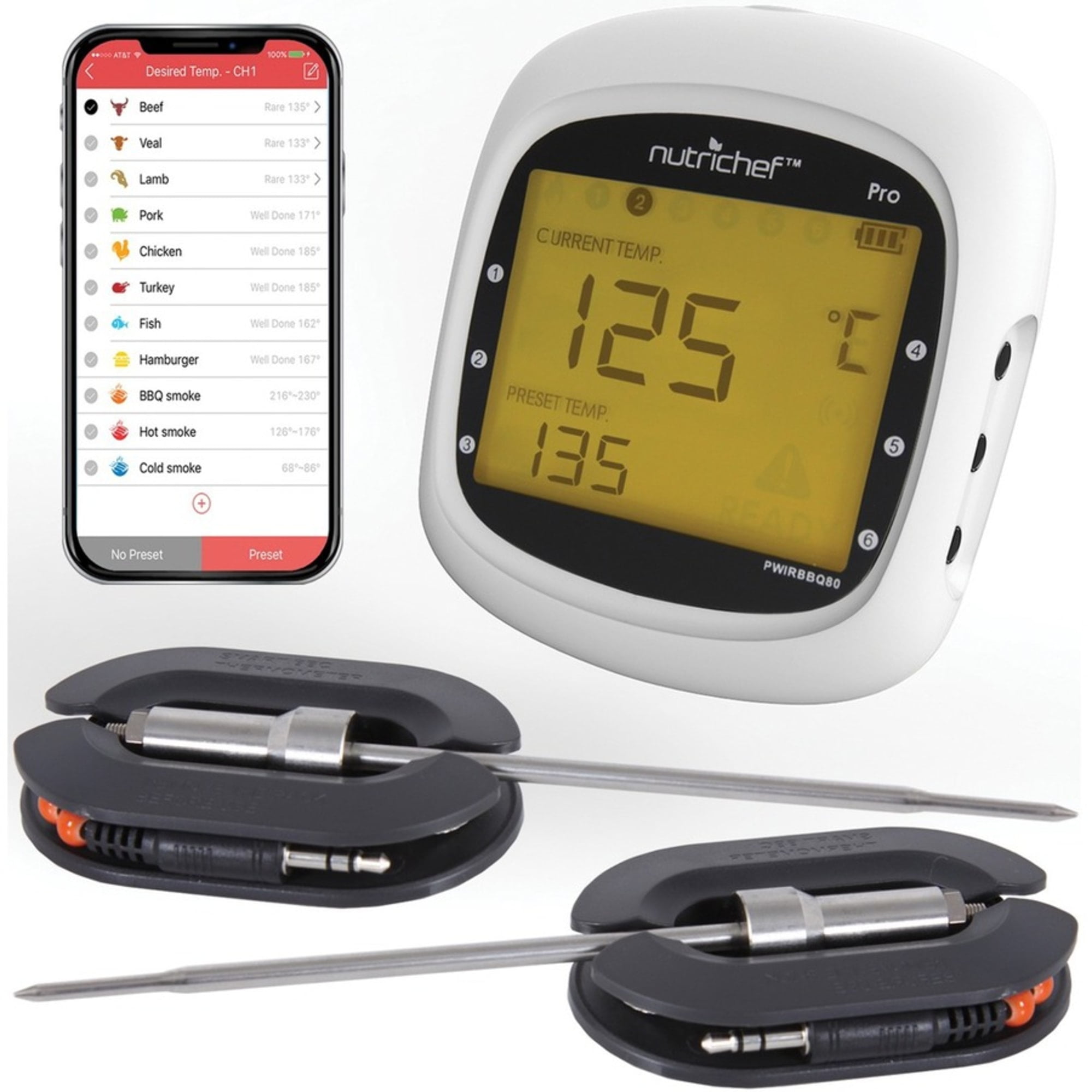 NutriChef Smart Bluetooth BBQ Grill Thermometer PWIRBBQ80 - Indicator Light, Wireless, Digital Display, Backlight, Temperature History, Alarm, Hassle-free - For Barbecue - White, Black - Image 2