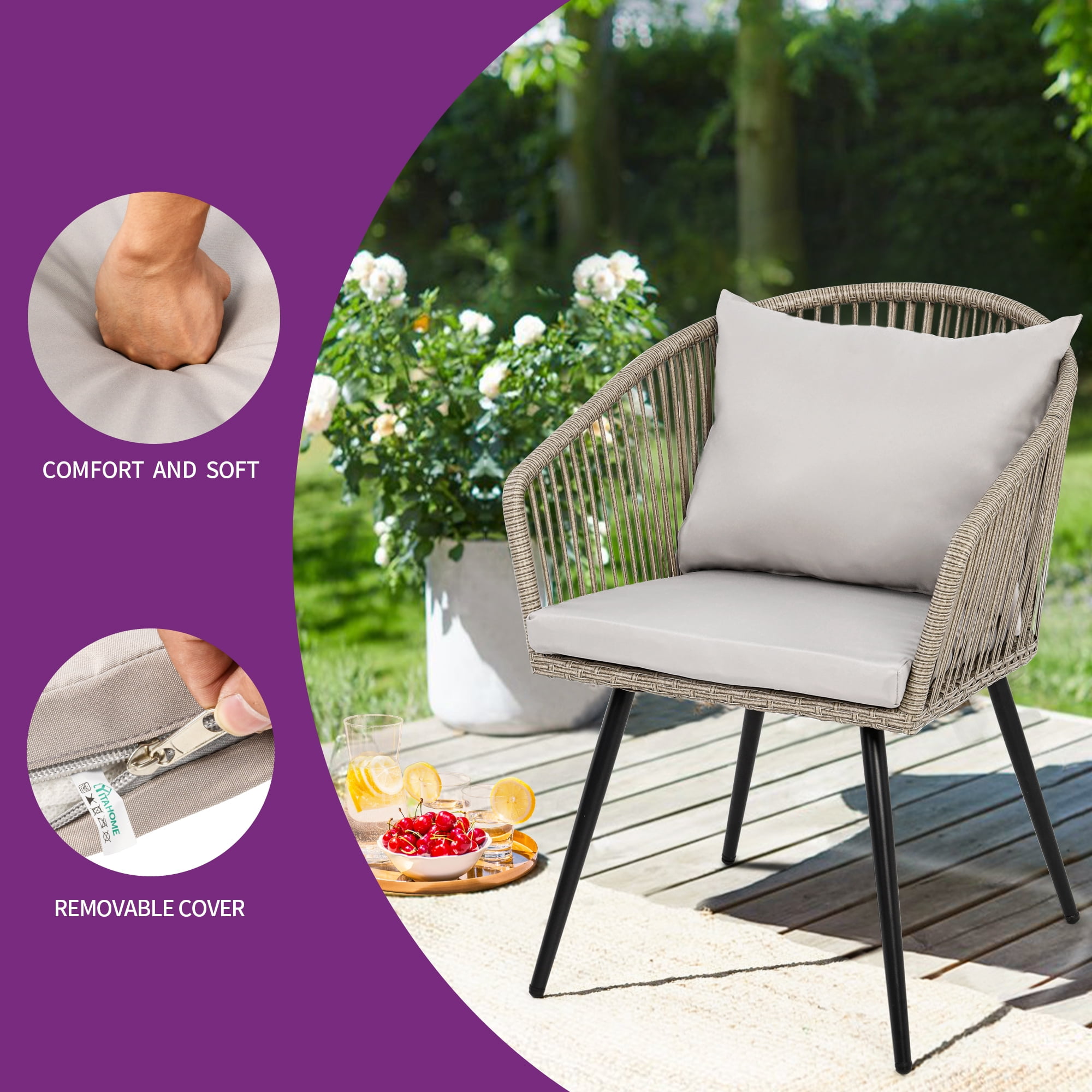 Dextrus 3-Piece Compact Rattan Wicker Outdoor Patio Set with Cushions and Glass Side Table, Gray - Image 2