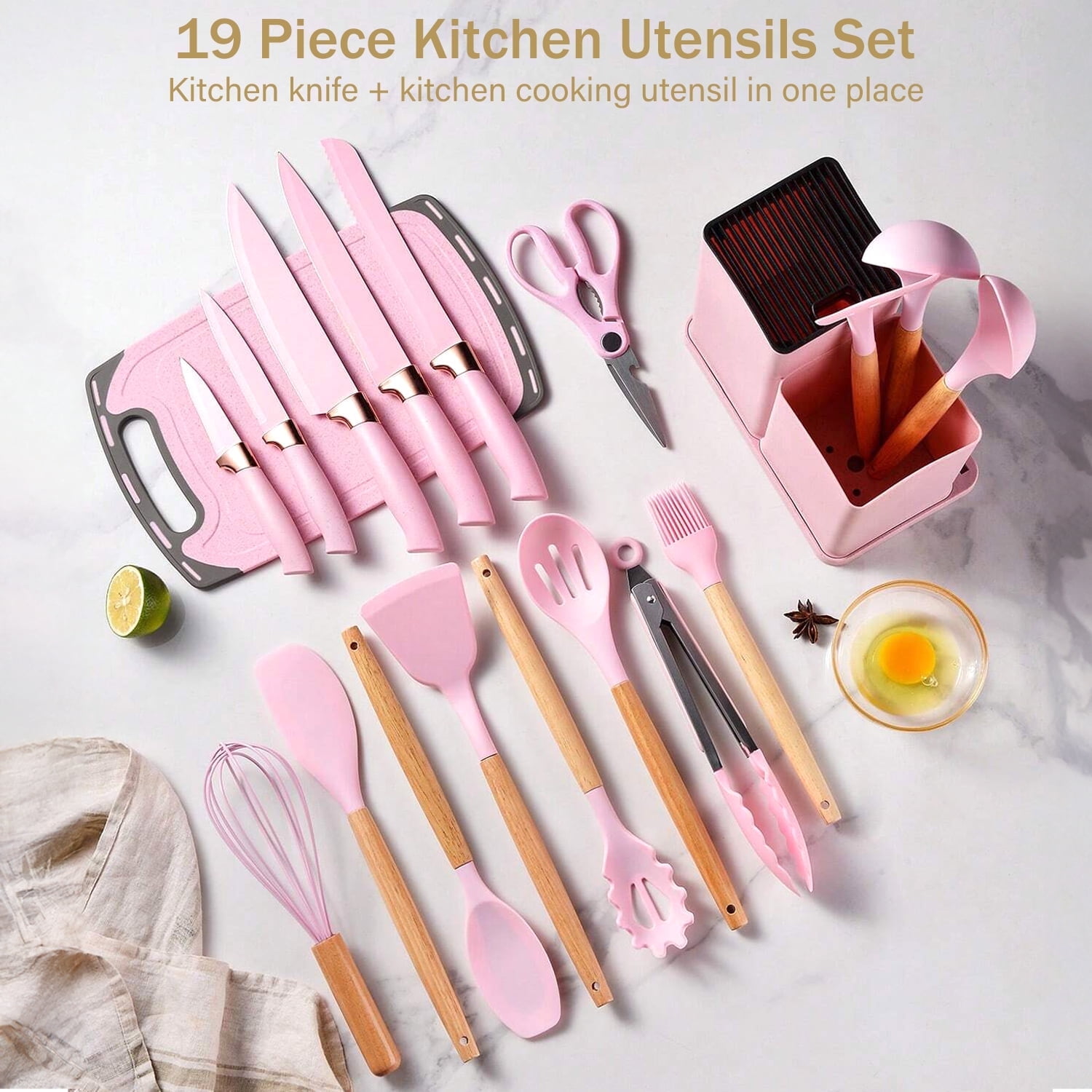 ACMETOP 19 Pieces Kitchen Utensils Set-11 Silicone Cooking Utensils Set, 6 Stainless Steel Sharp Knife set, 2 Cutting Board and Holder (Pink) - Image 5