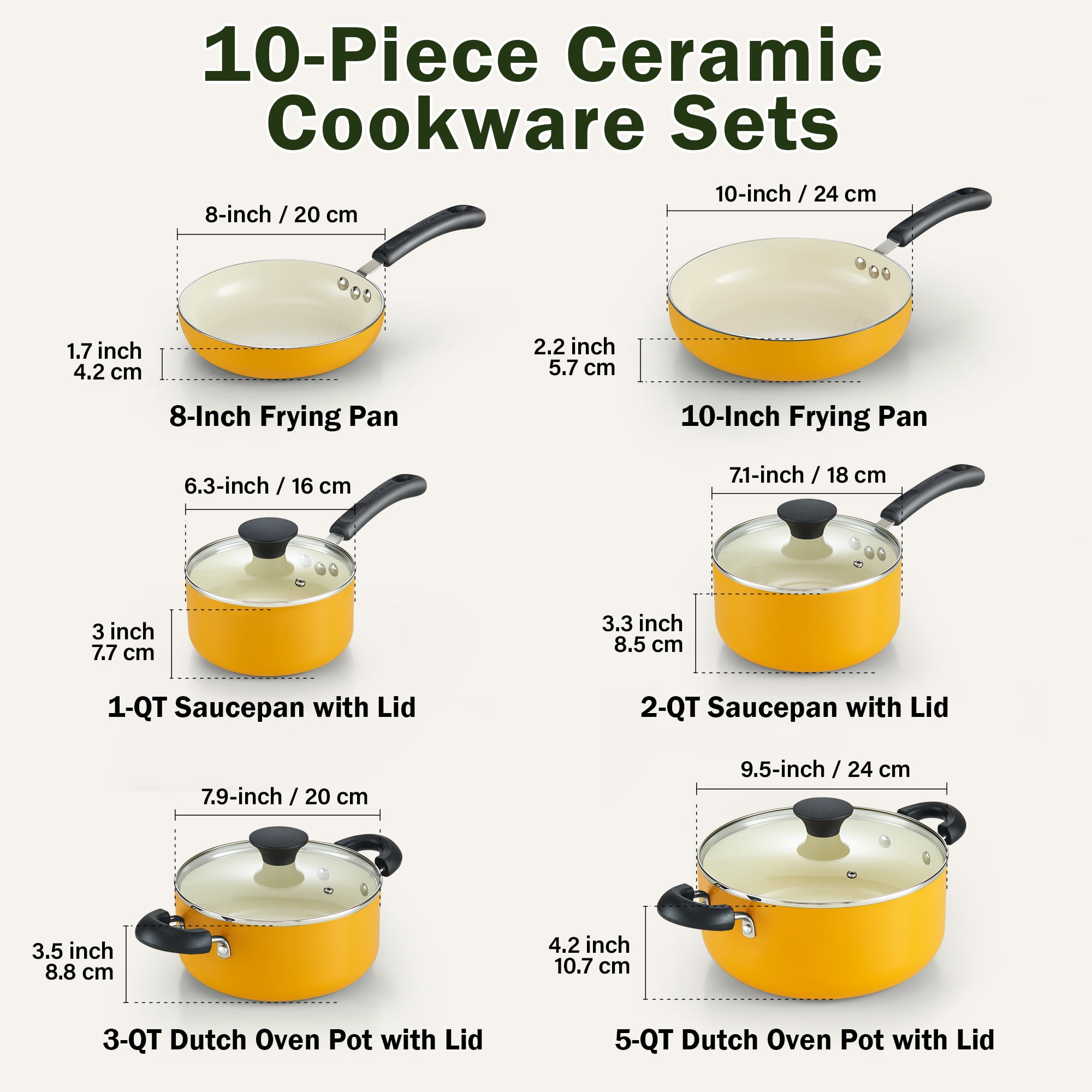 Cook N Home Nonstick Pots and Pans, 10-Piece Ceramic Kitchen Cookware Sets, Cooking with Saucepans, Frying Pans, Dutch Oven Pot with Lids, Yellow - Image 2