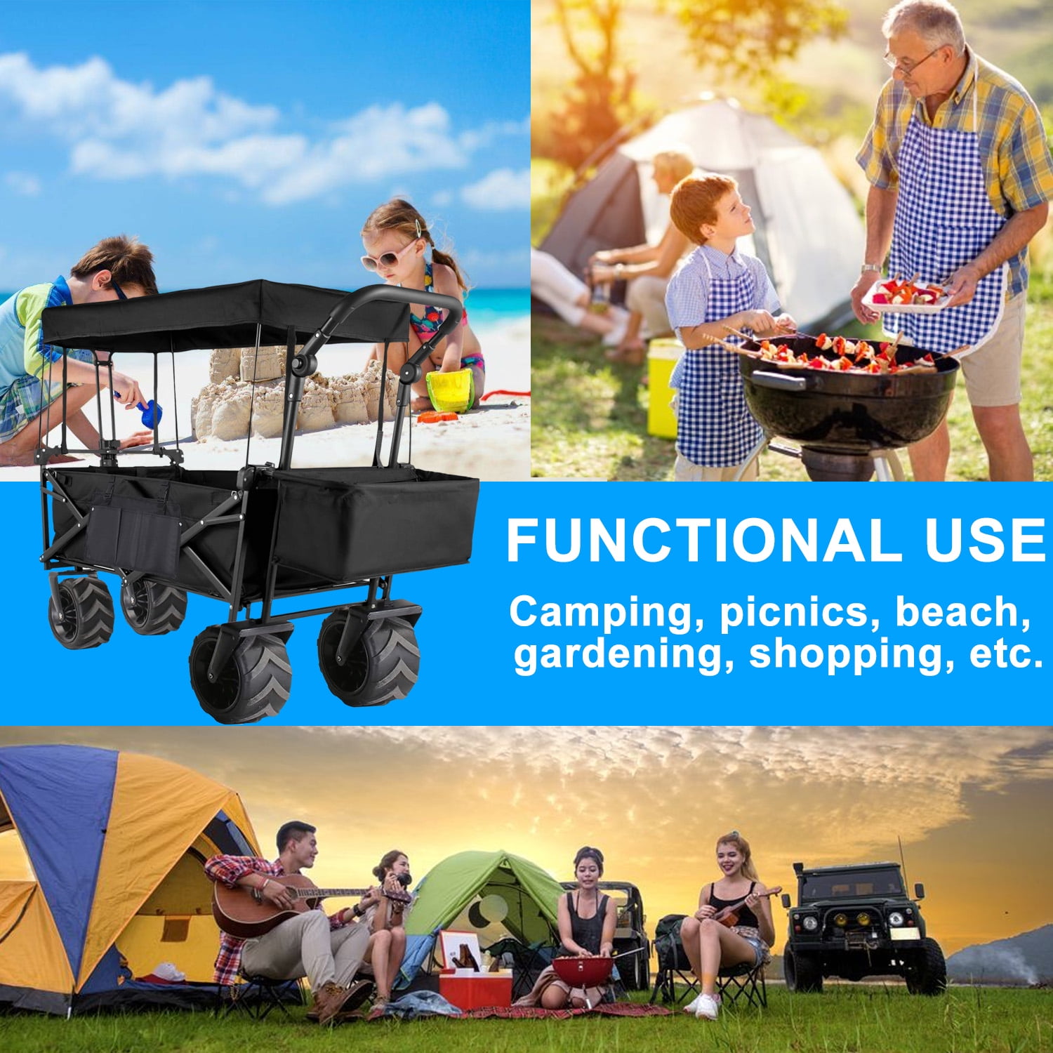 Folding Wagon Cart with Removable Canopy, All-Terrain Wheels,Utility Cart for Grocery, Garden, Shopping, Outdoor, Beach - Image 4