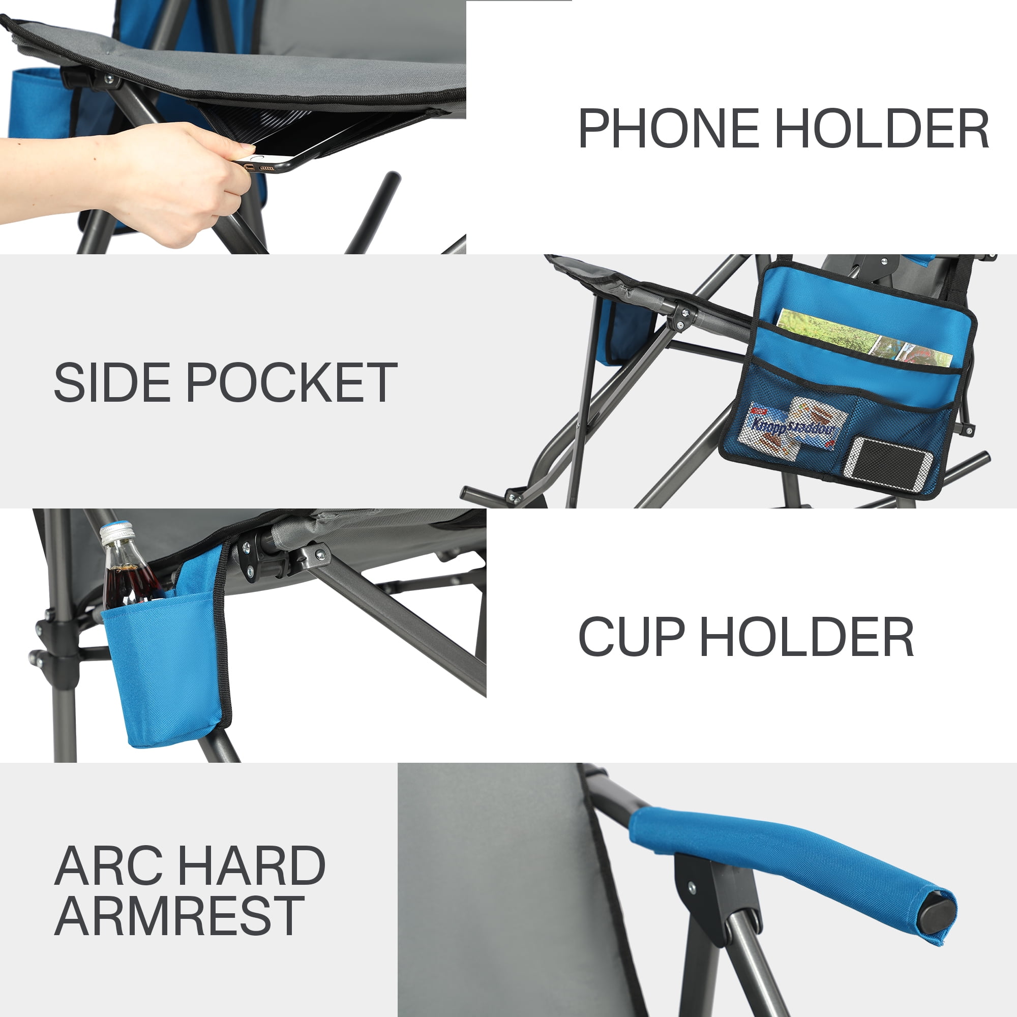 PORTAL Folding Rocking Camping Chair, Portable Oversized Outdoor Rocker with High Back Hard Armrests, Supports 300 lbs, Blue - Image 5