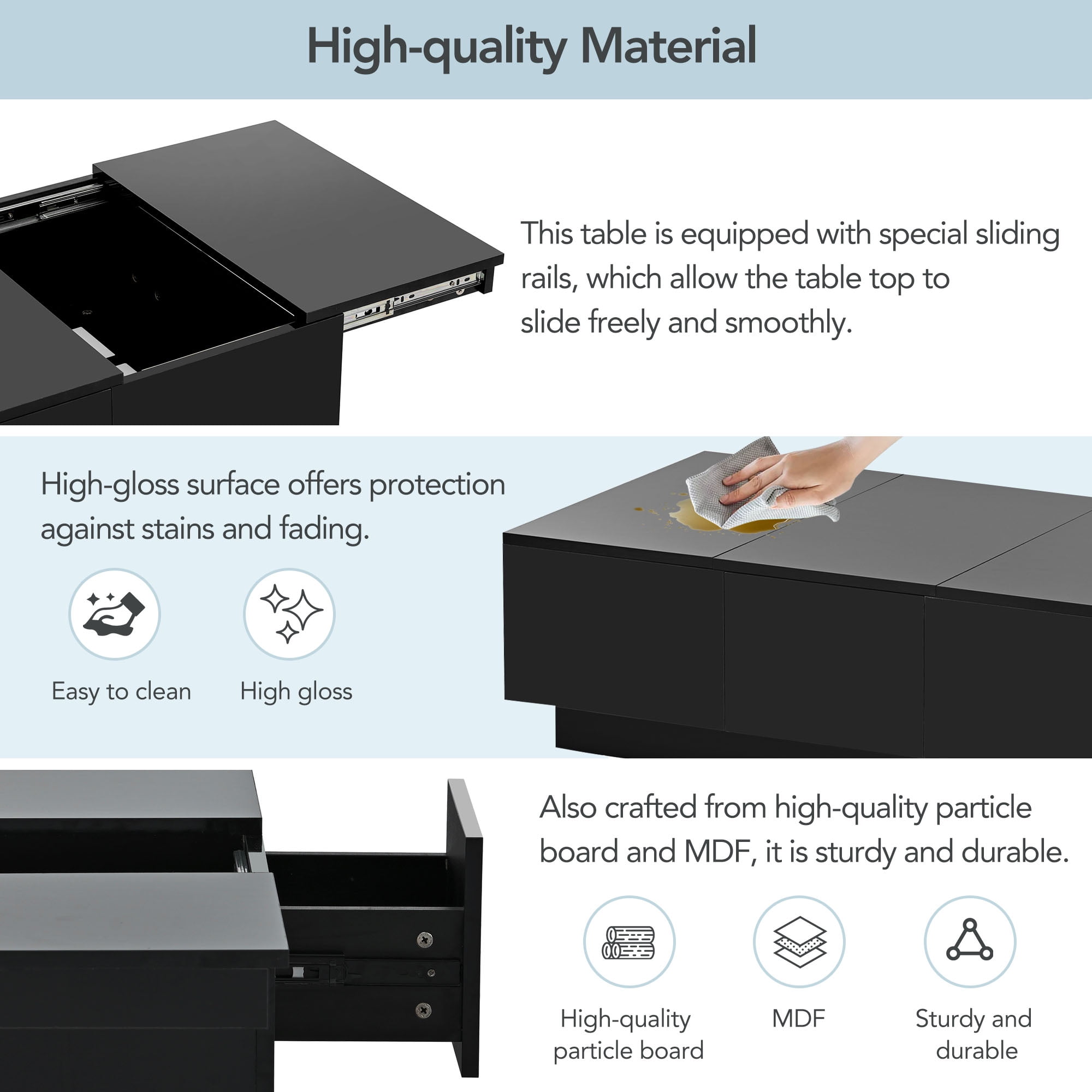 Aukfa Modern Extendable Coffee Table - Rectangle Cocktail Table with Hidden Storage - Black - Image 8