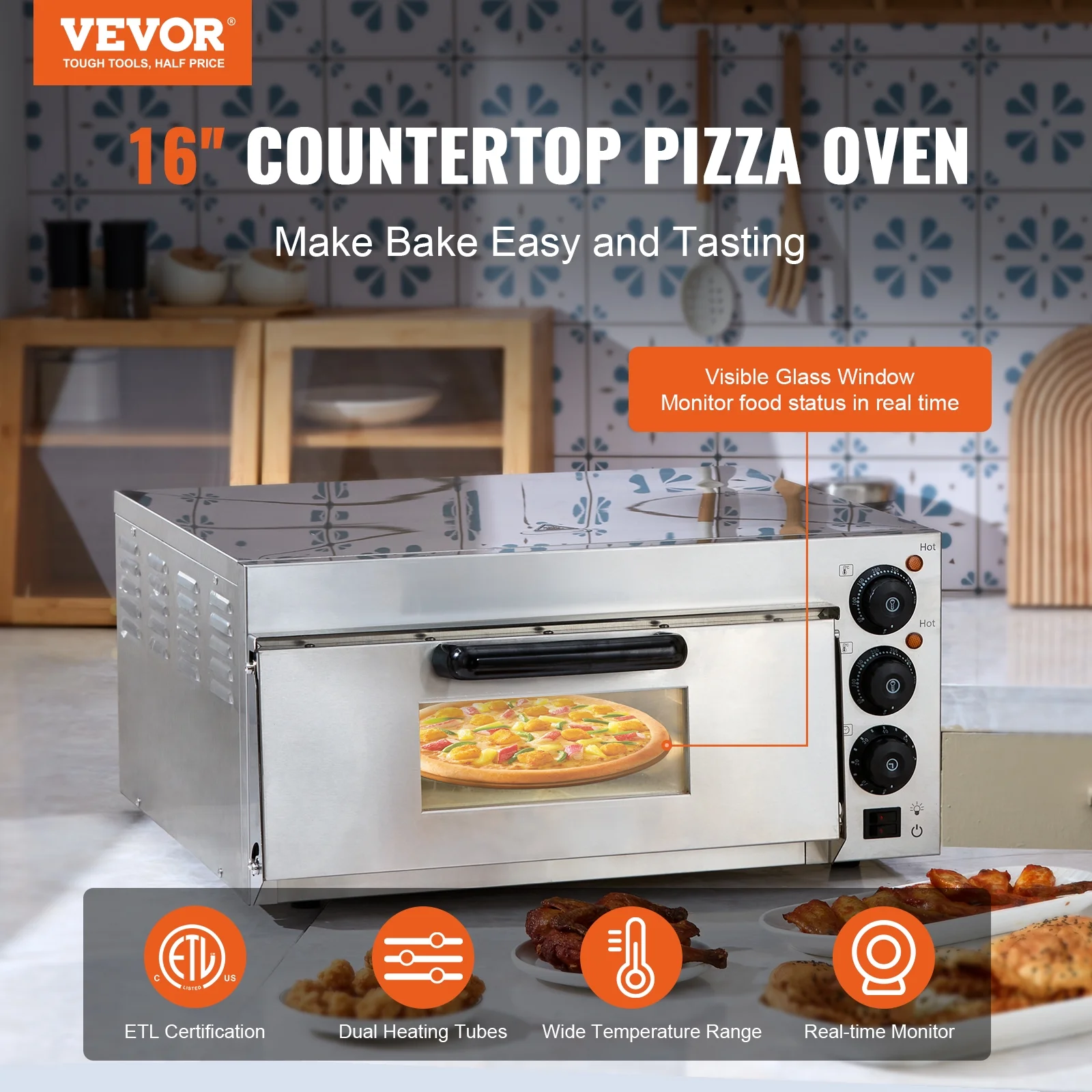 BENTISM 16" 1700W Electric Commercial Residential Counter Top Pizza Oven, Stainless Steel - Windowed - Image 2