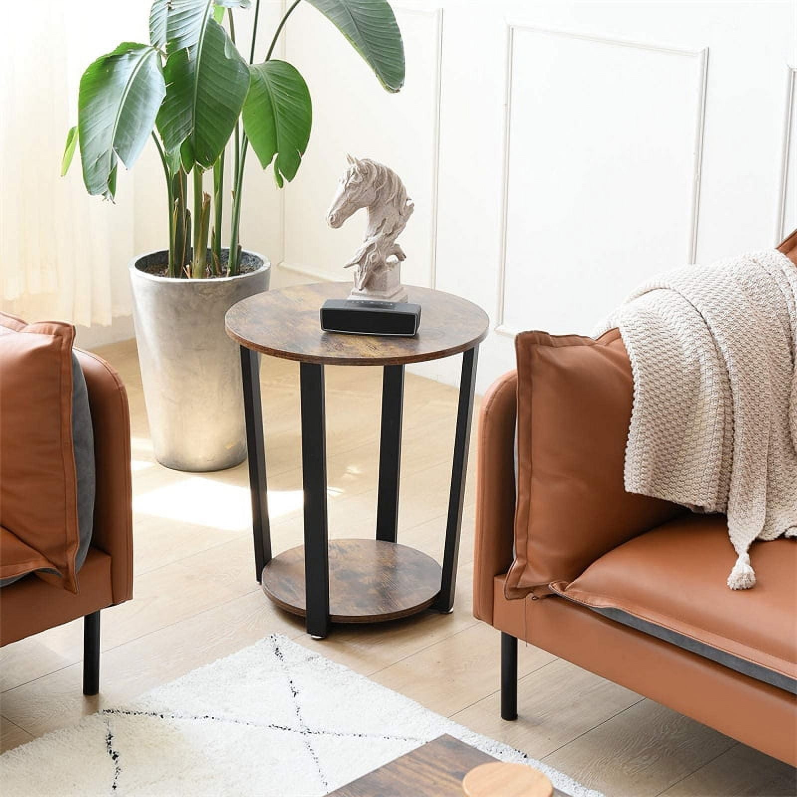 Small Round 2 Tier Wooden Side End Table for Small Spaces Bedroom Living Room Accent Tables Nightstand 22 Inch Height, Brown and Black Frame - Image 4