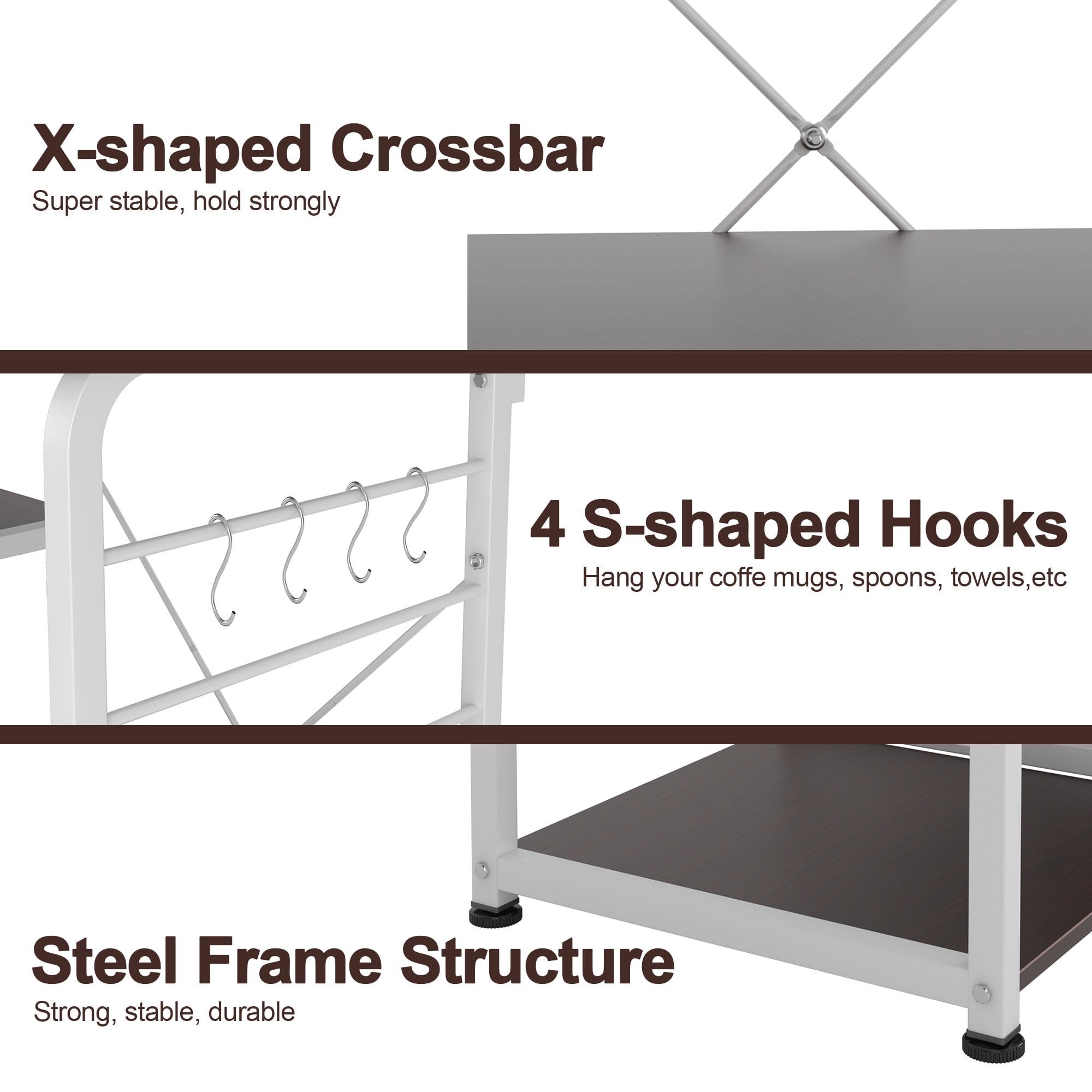 SOGES 4-Tier Kitchen Baker's Rack Utility Microwave Stand with 5 Hooks, Metal Storage Shelves, Black Walnut - Image 2