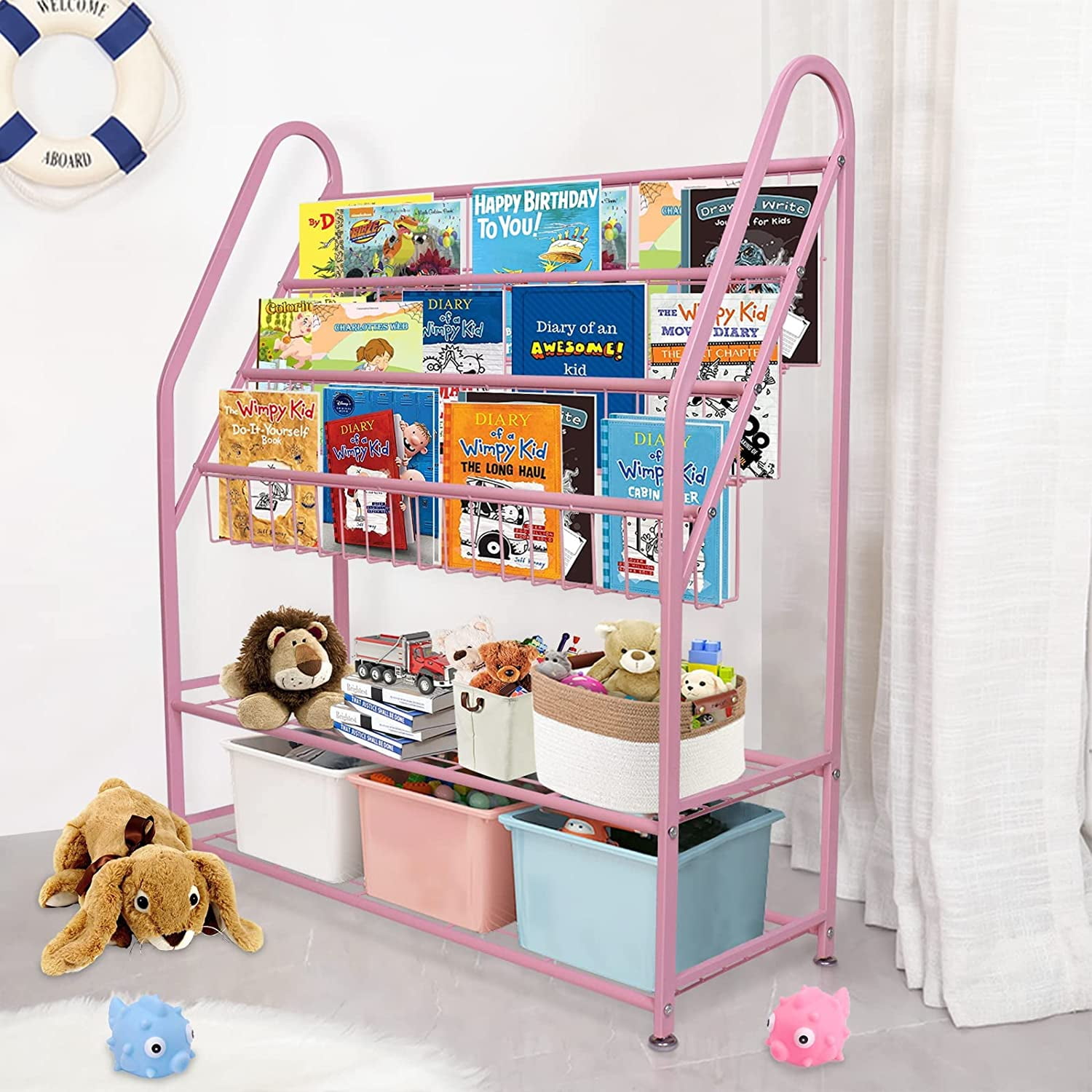 aboxoo Metal Kids Pink Bookshelf Freestanding for Children Girls Room 32 inches Large Toddler Pink Stable Bookcase Bookstore Library Book Unit Storage - Image 7