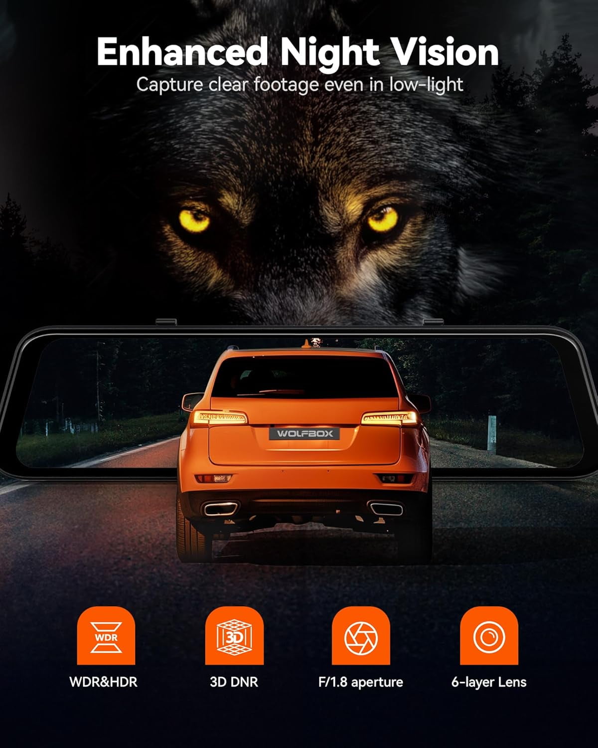 WOLFBOX 4K Mirror Dash Cam with 5.8GHz WiFi, Voice Control, Smart Rear View Mirror with ADAS and BSD, 12 inches Rear View Mirror Camera, Free 64GB Card, GPS, G-Sensor, Loop Recording - Image 2