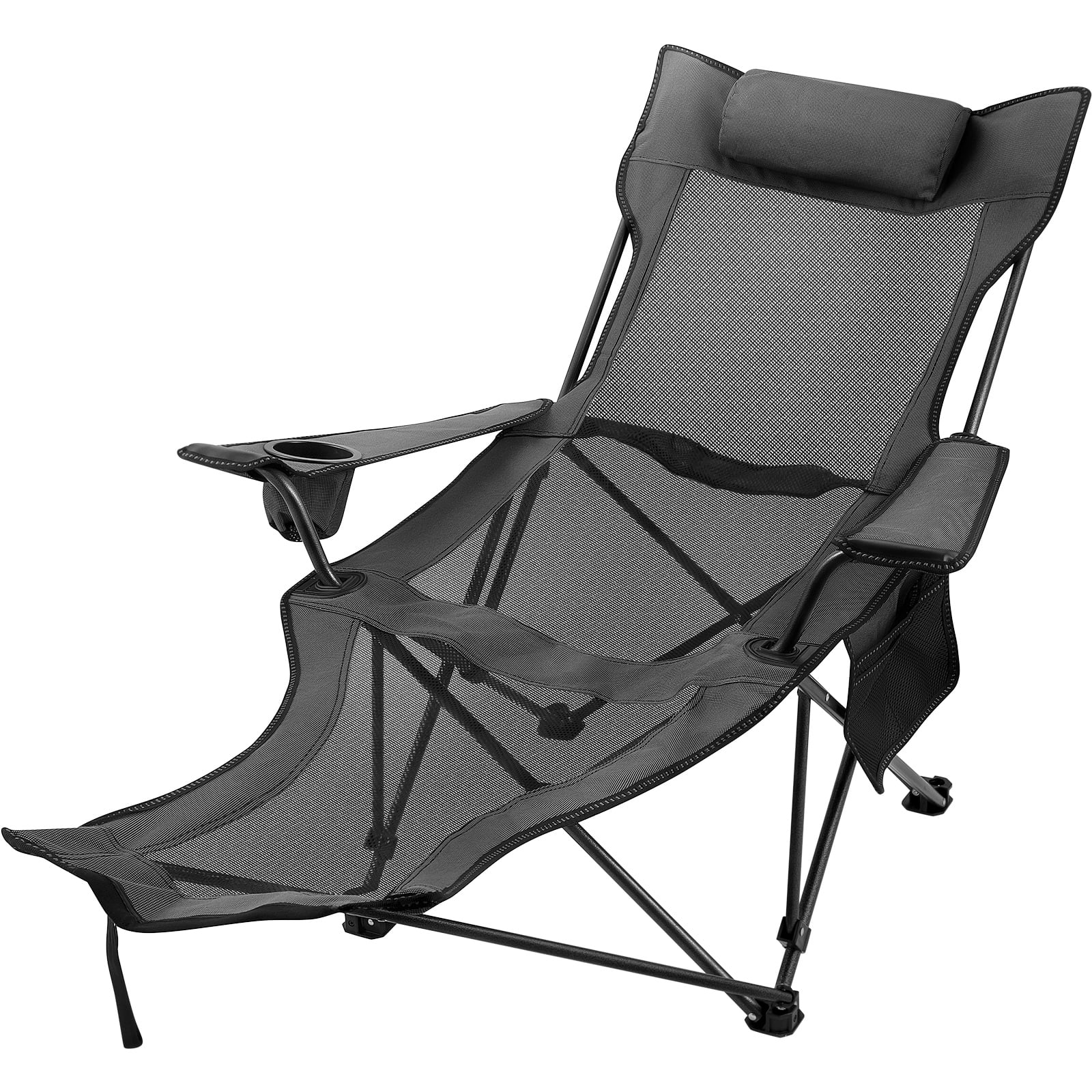 SKYSHALO Gray Folding Camp Chair with Footrest Mesh Lounge Chair with Cup Holder and Storage Bag Reclining Folding Camp Chair for Camping Fishing and Other Outdoor Activities (Gray) - Image 4