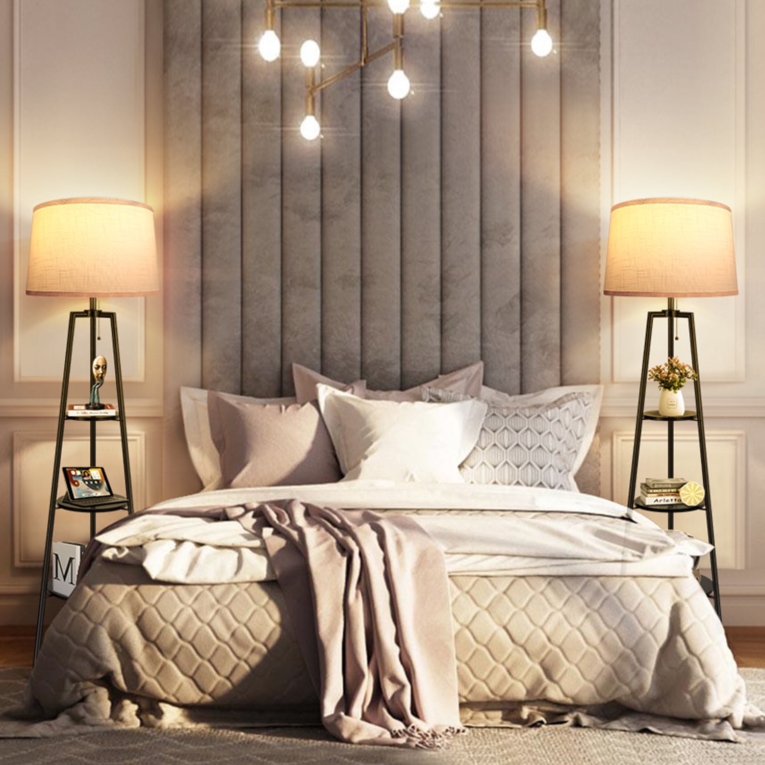 OUTON Tripod Floor Lamp with Shelves, Modern Standing Lamp with Linen Lampshade for Living Room, Bedroom, Office ,3 Color Temperature Bulb Stepless Dimming(Metal Black) - Image 7