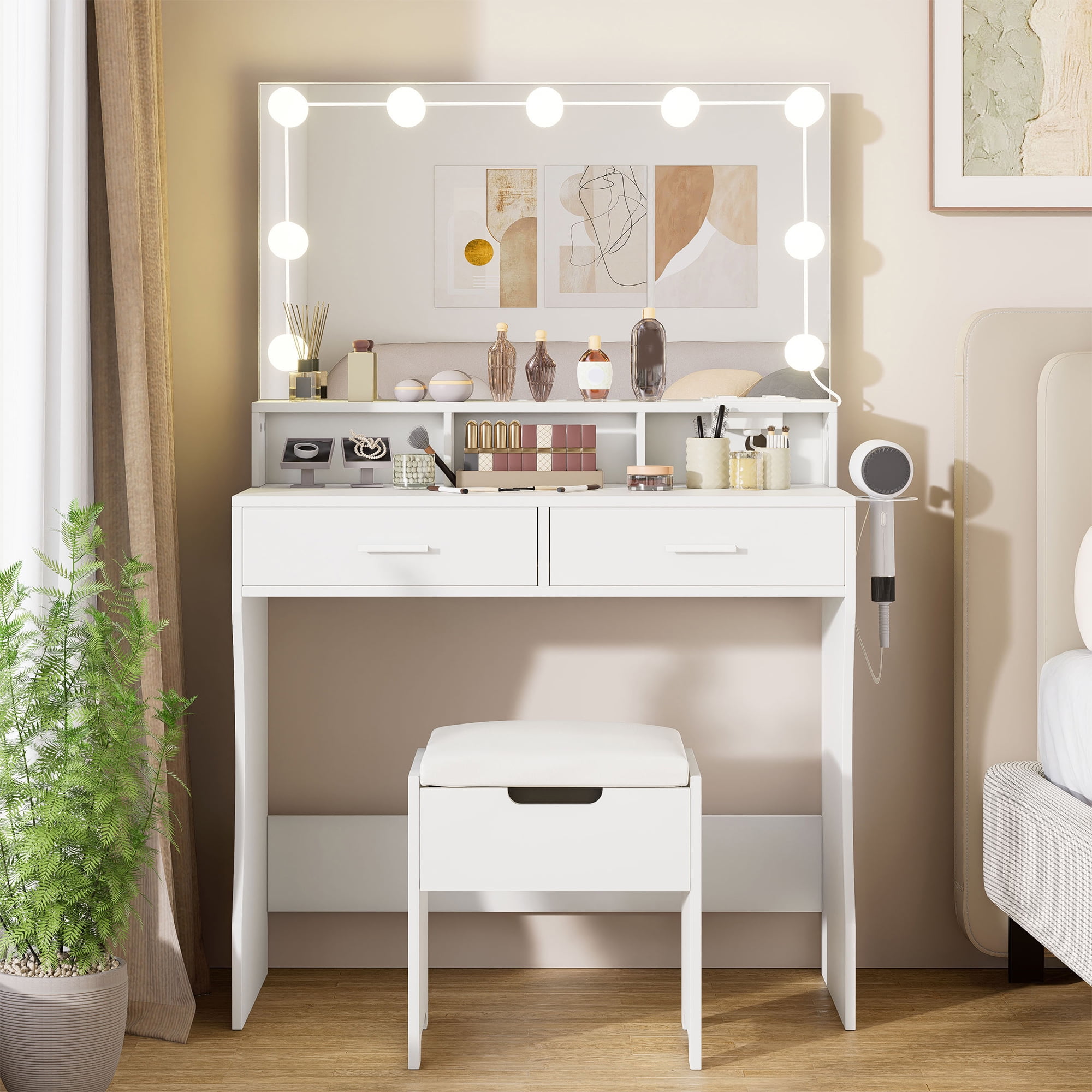 Modern Vanity Table Set with Lighted Mirror,Makeup Table with 2 Drawers & Power Strip,Dresser Desk for Girls, Women, White - Image 10