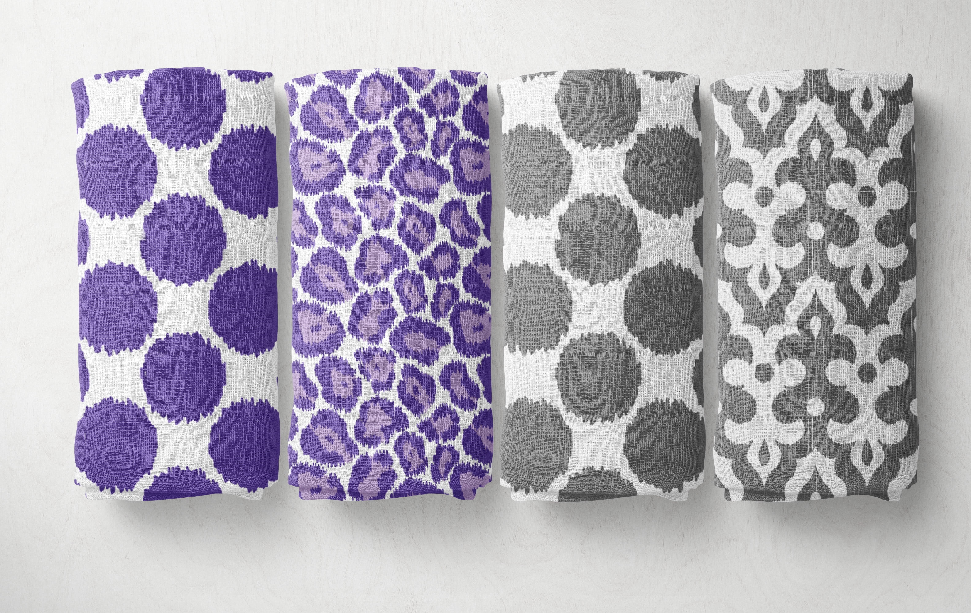Bacati - Ikat Leopard/Dots/Damask 4-Piece Crib Bedding Set with 2 Muslin Swadling Blankets, Purple/Grey - Image 5