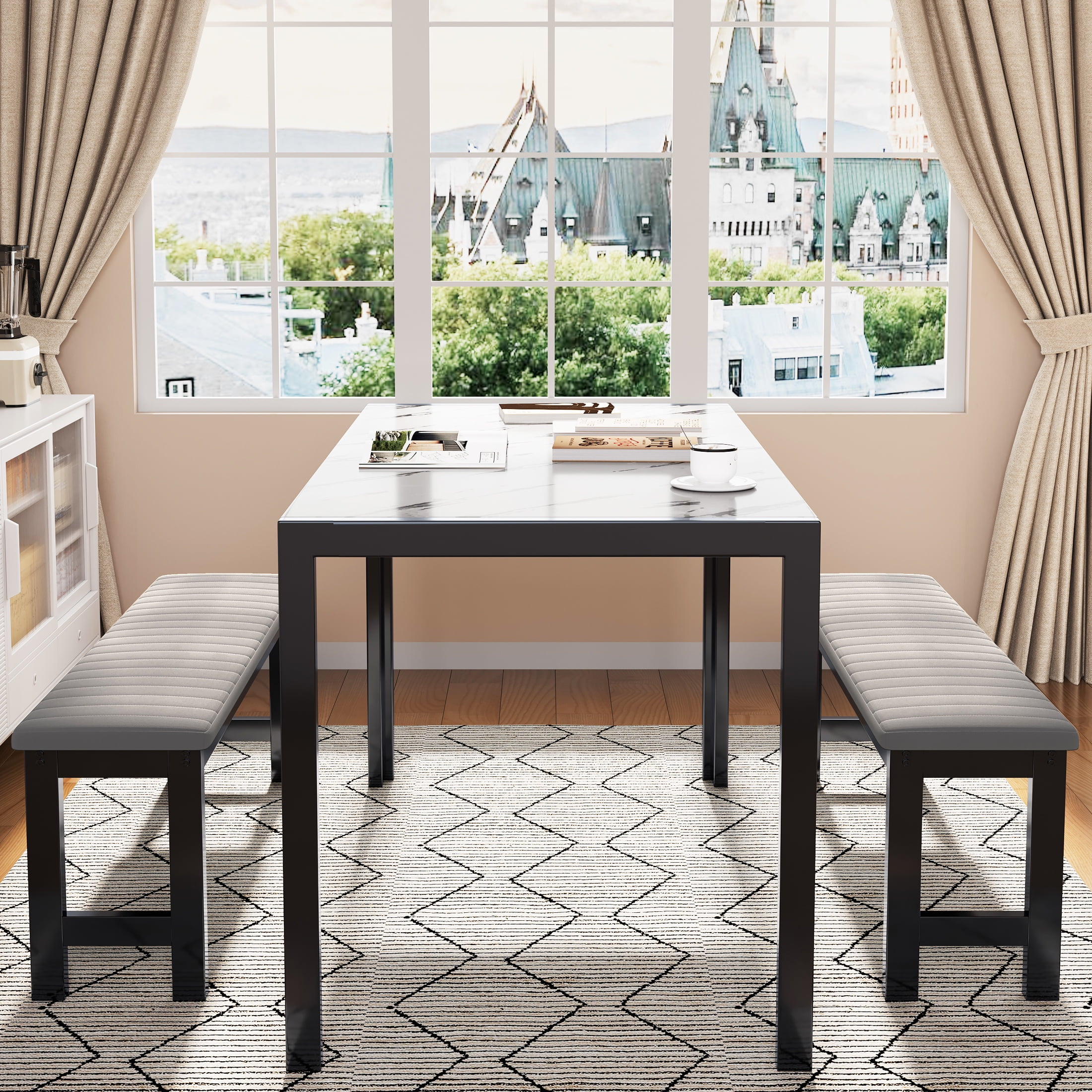PORKISS Dining Table Set for 4, Faux Marble Kitchen Table Set with 2 Velvet Benches, Breakfast Nook Set for Small Spaces, 3 Piece Dining Room Table Set, White+Gray+Black #1 - Image 5