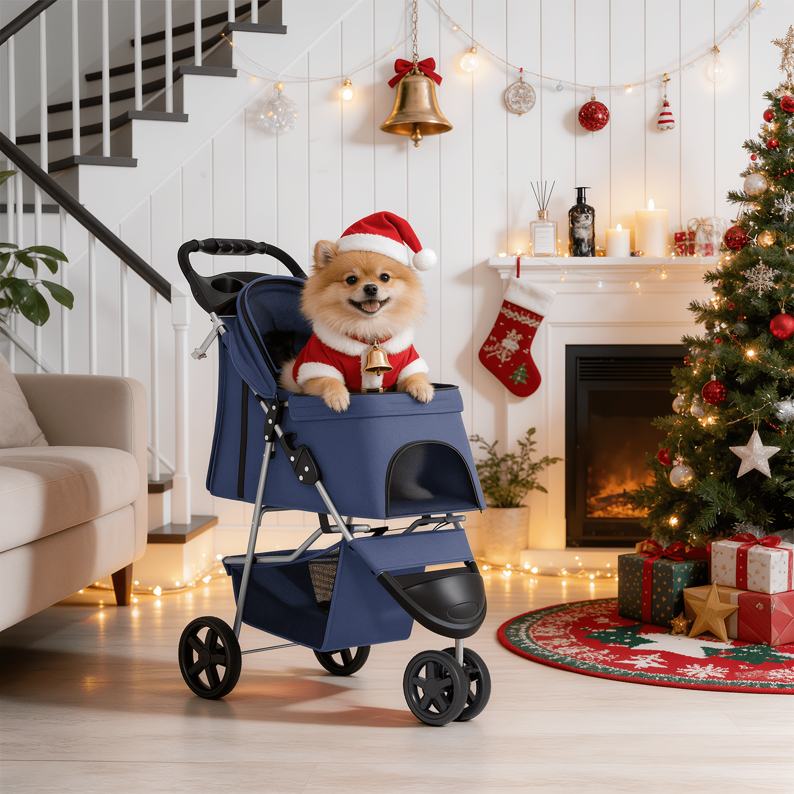 MoNiBloom 3 Wheel Folding Pet Dog Stroller, Foldable Lightweight Trolley with Storage Basket, Cup Holder and 360° Rotating Front Wheel for Small Medium Dogs, Navy Blue - Image 9